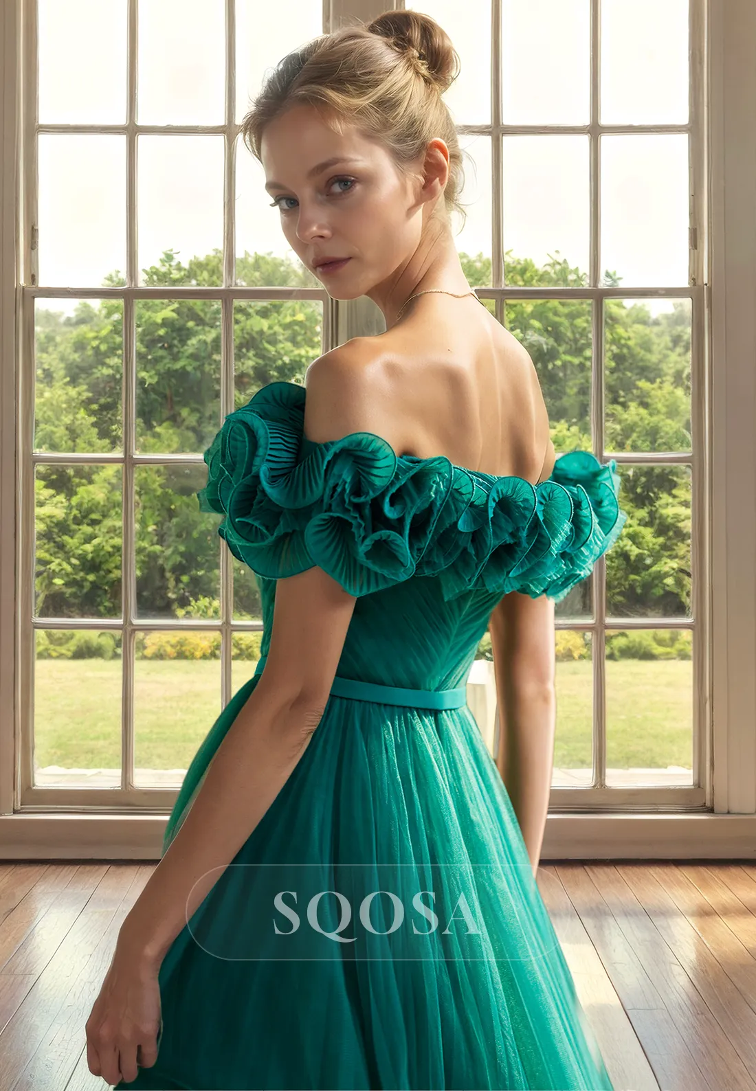 A Line Off Shoulder Tulle Green Long Cocktail Dress Elegant Mother of the Bride Dress