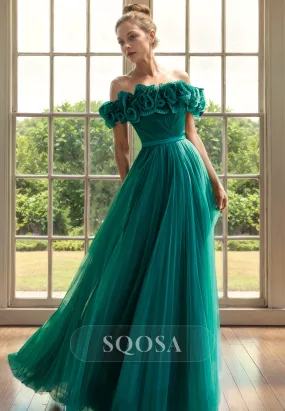 A Line Off Shoulder Tulle Green Long Cocktail Dress Elegant Mother of the Bride Dress