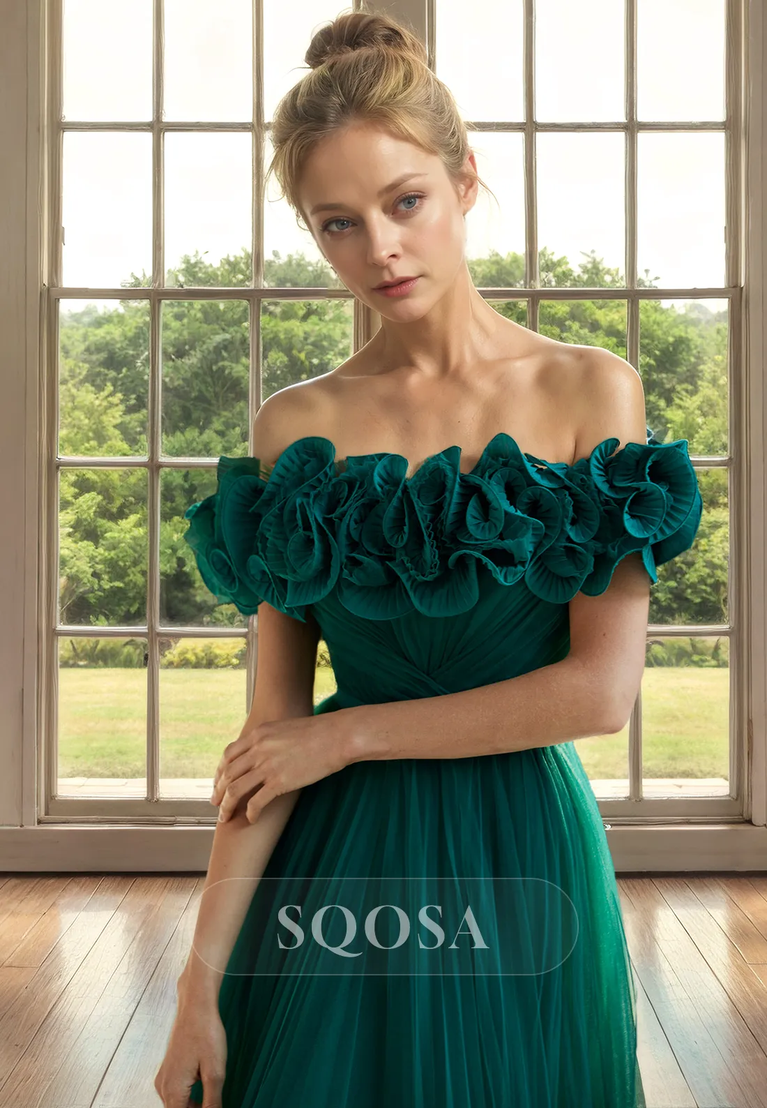 A Line Off Shoulder Tulle Green Long Cocktail Dress Elegant Mother of the Bride Dress