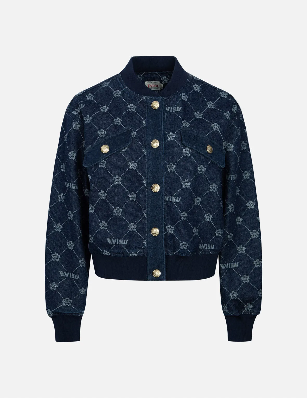 Allover Kamon and Logo Drop Shoulder Denim Bomber Jacket