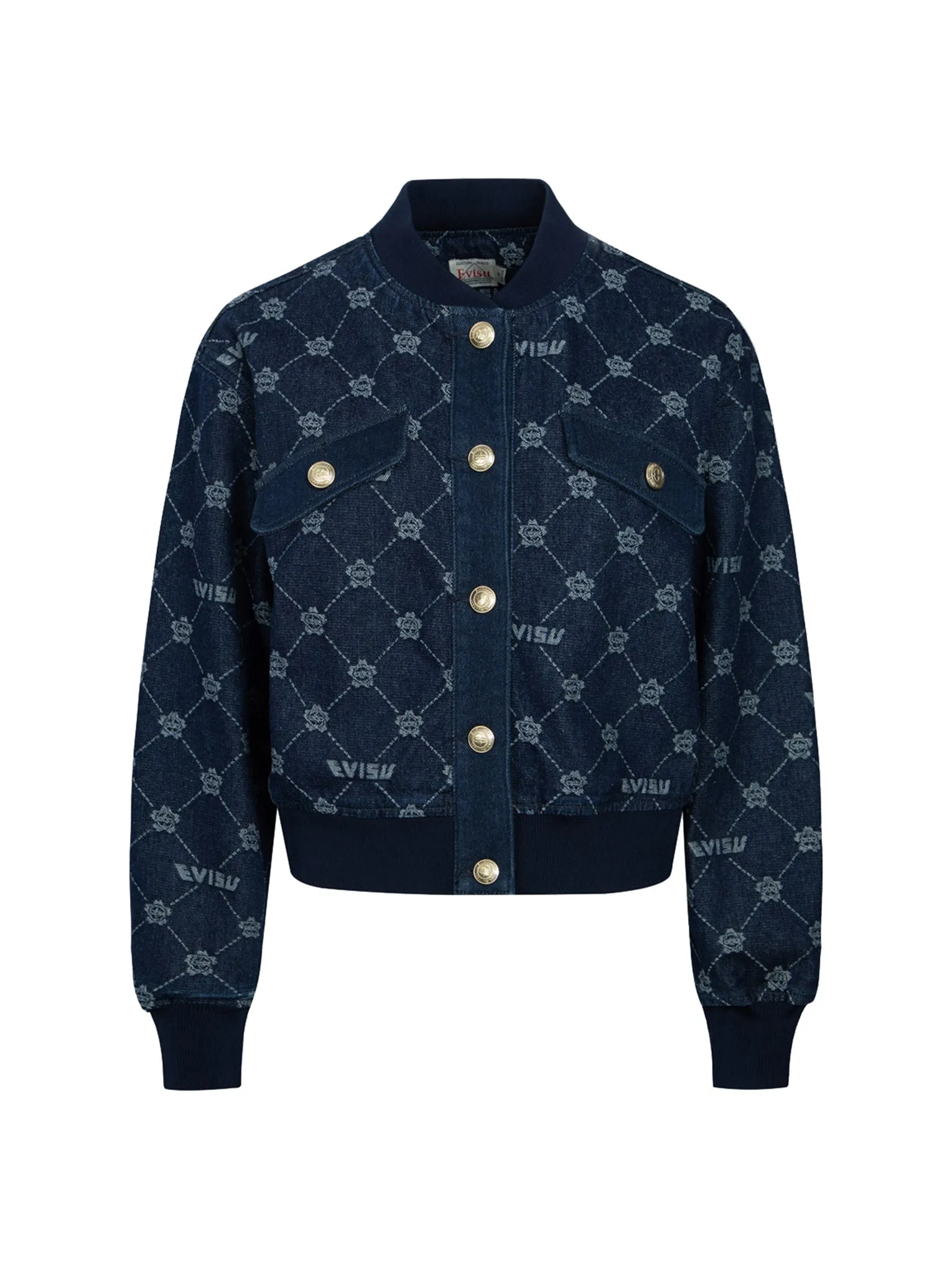 Allover Kamon and Logo Drop Shoulder Denim Bomber Jacket