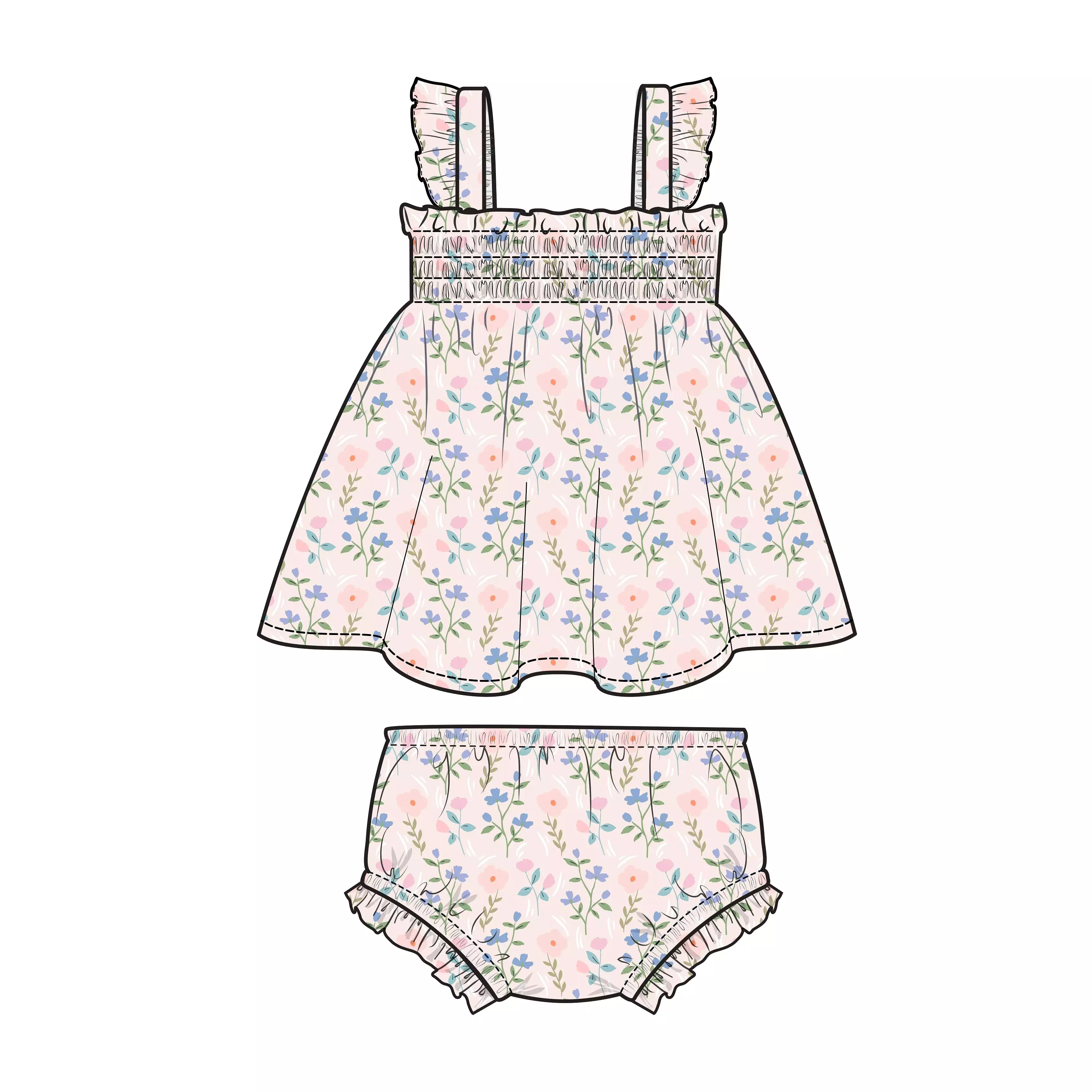 Angel Dear - Simple Pretty Floral Ruffle Strap Smocked Top & Diaper Cover