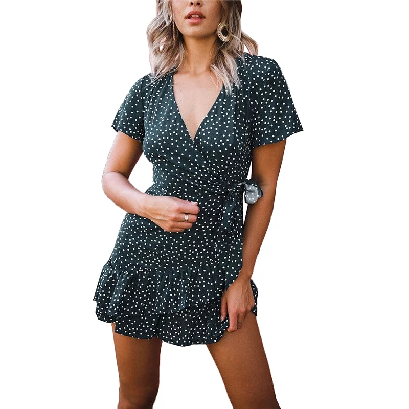 Ashore Shop Ruffles Polka Dot Dress Women Sexy V-neck Short Sleeve Boho Beach Dress Summer Fashion Mini Dress Sundress Robe