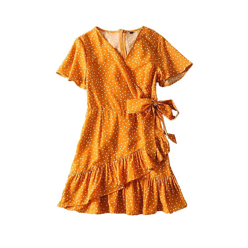 Ashore Shop Ruffles Polka Dot Dress Women Sexy V-neck Short Sleeve Boho Beach Dress Summer Fashion Mini Dress Sundress Robe