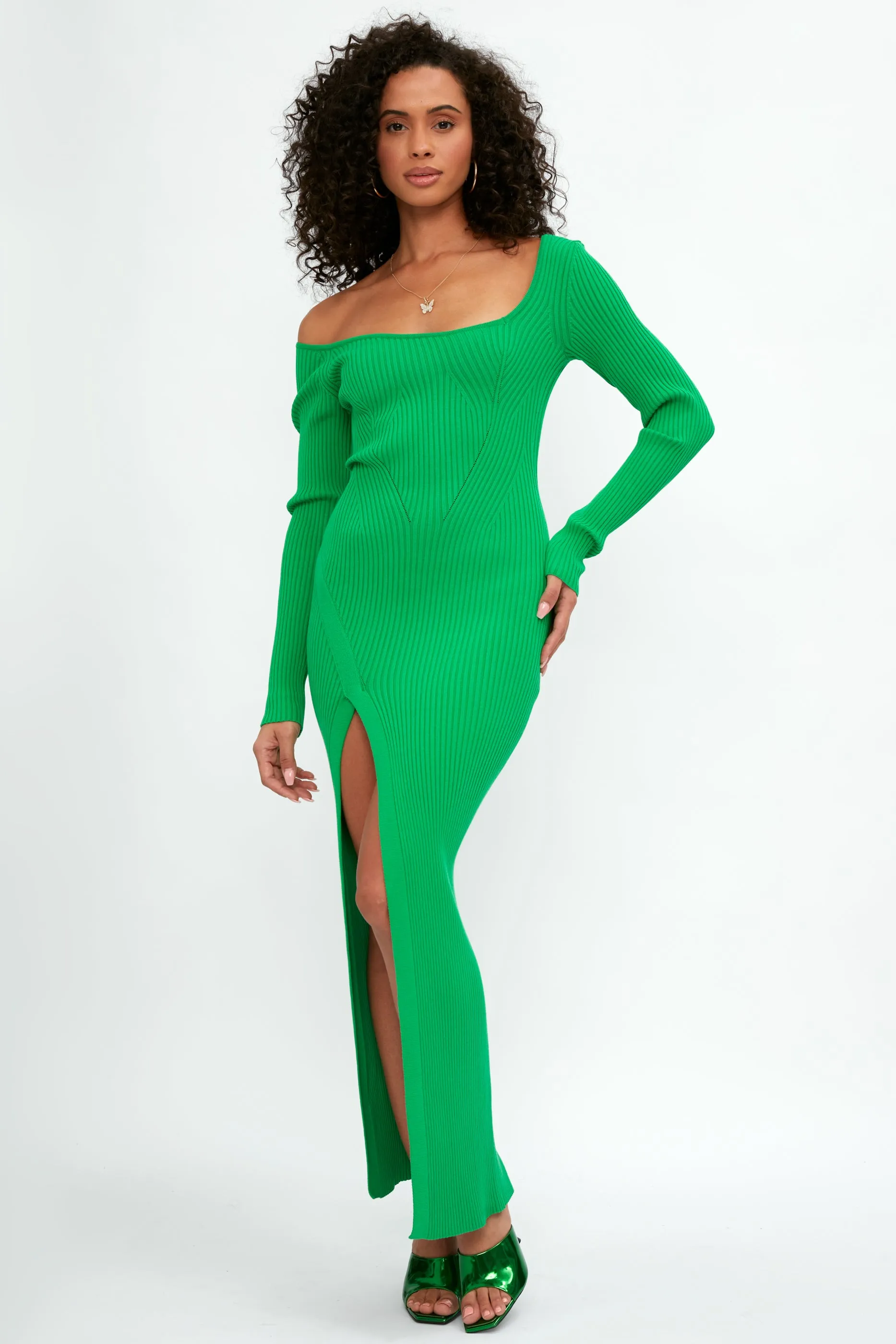 Asymmetrical Side Slit Knit Dress in Green