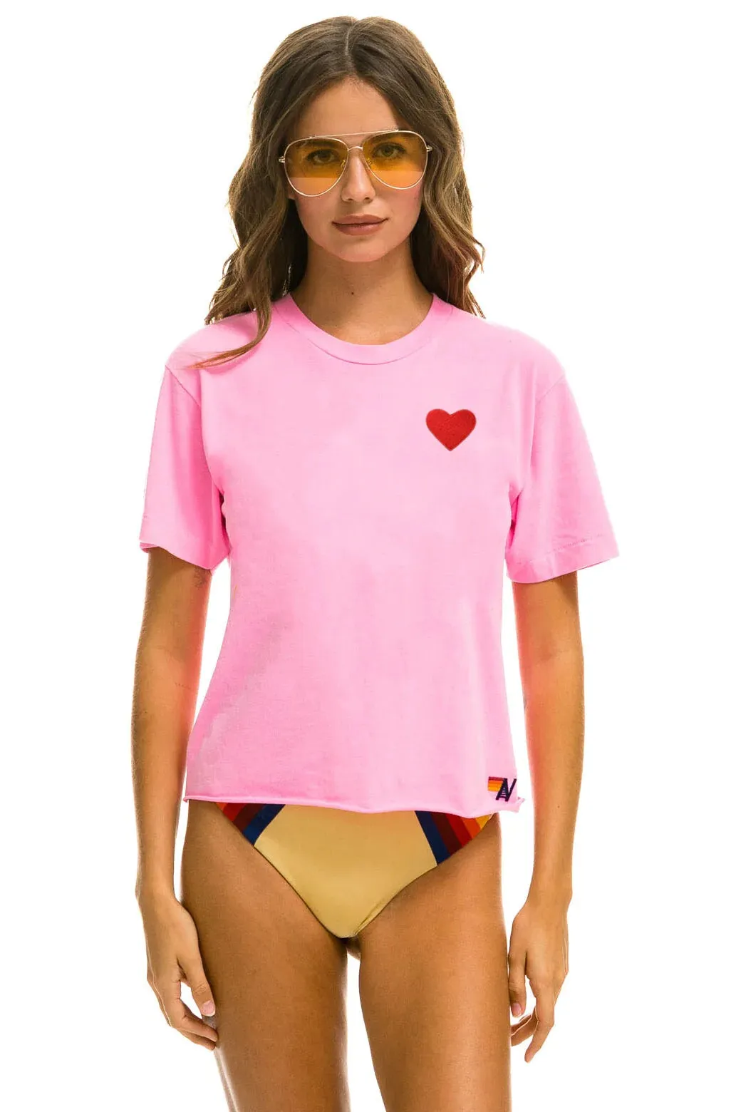 Aviator Nation HEART EMBROIDERY BOYFRIEND TEE - NEON PINK