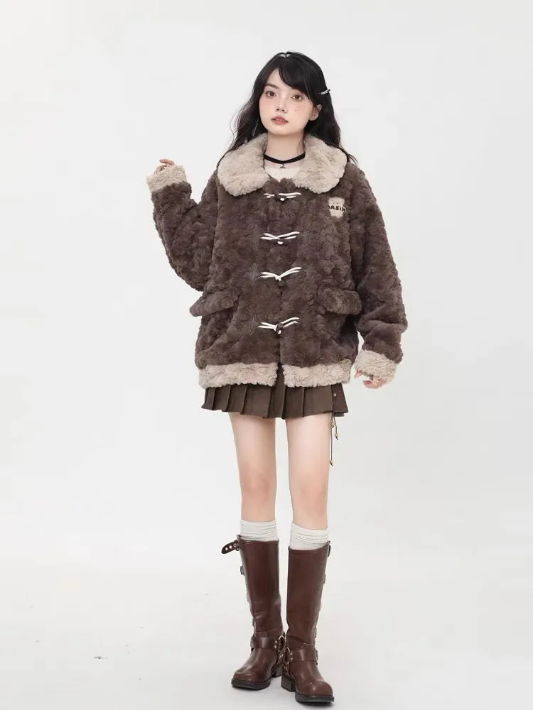 Big sim and small sim Maillard wearing lambswool coat women's winter sweet and cool hot girl warm furry cotton clothing V1158