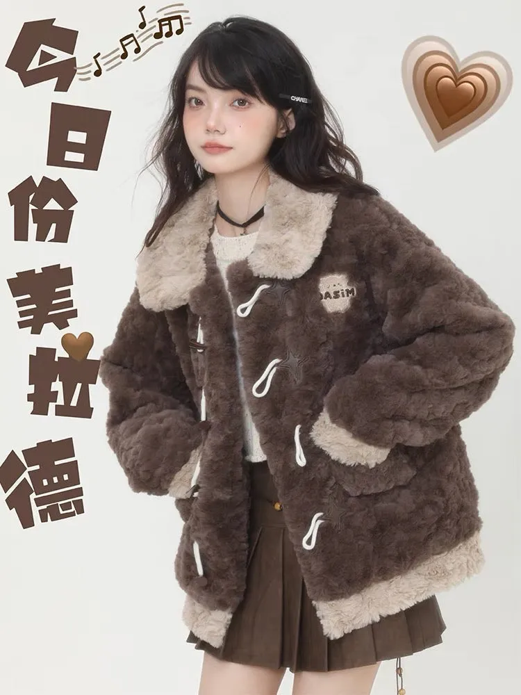 Big sim and small sim Maillard wearing lambswool coat women's winter sweet and cool hot girl warm furry cotton clothing V1158