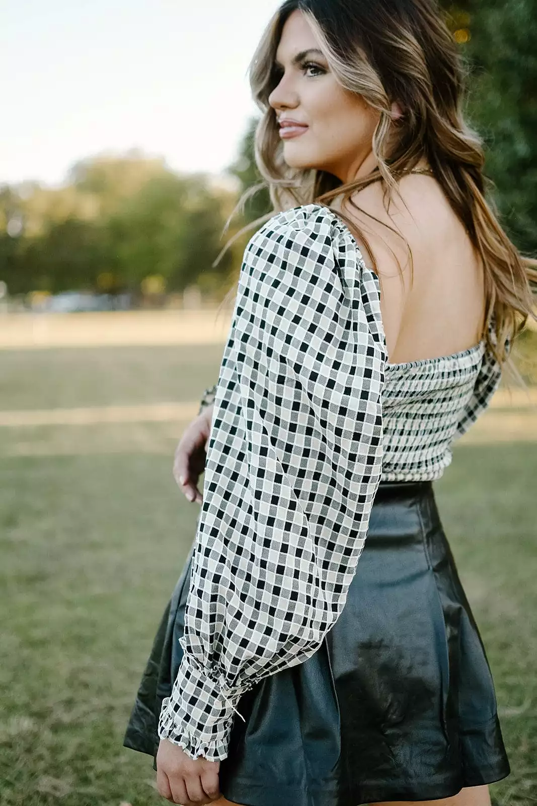 Black Checkered Smocked Top