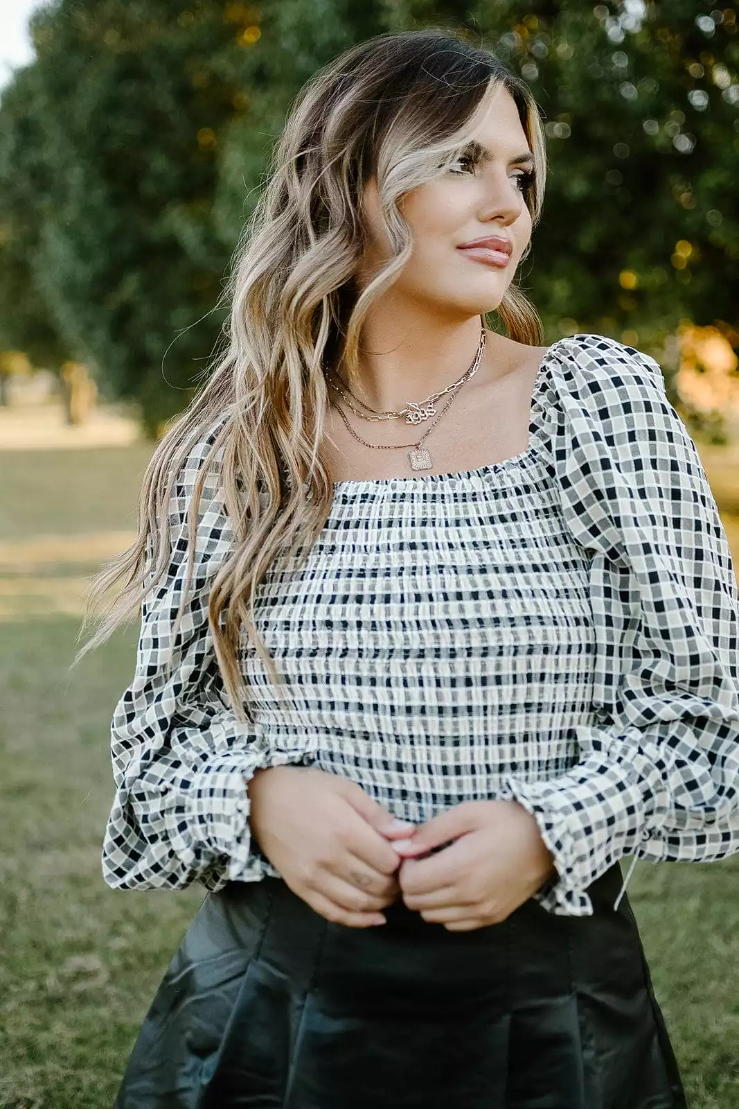 Black Checkered Smocked Top