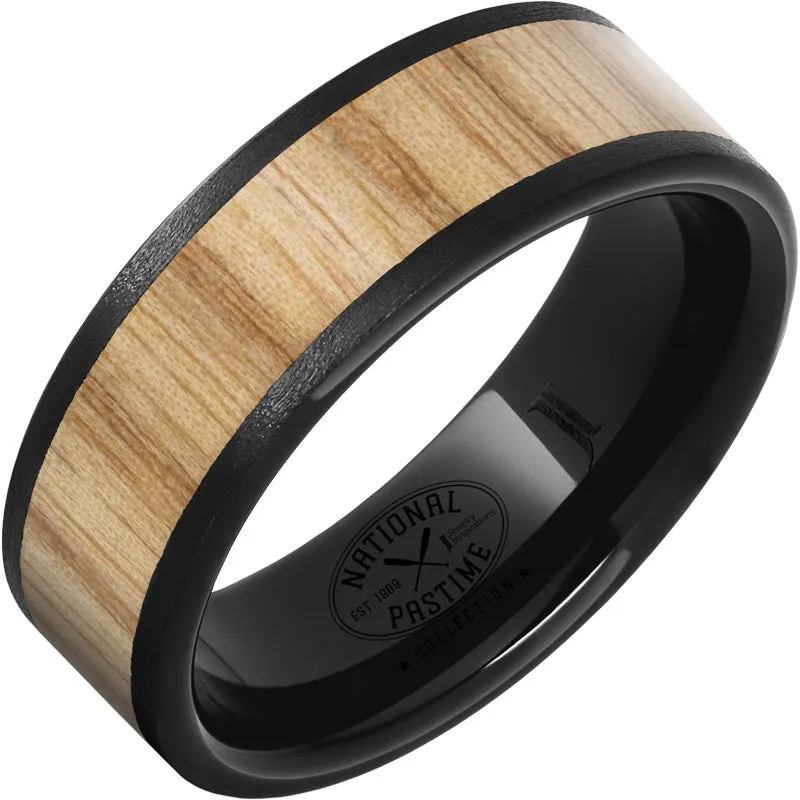 Black Diamond Ceramic Ring with White Ash Vintage Baseball Bat Wood Inlay and Stone Finish