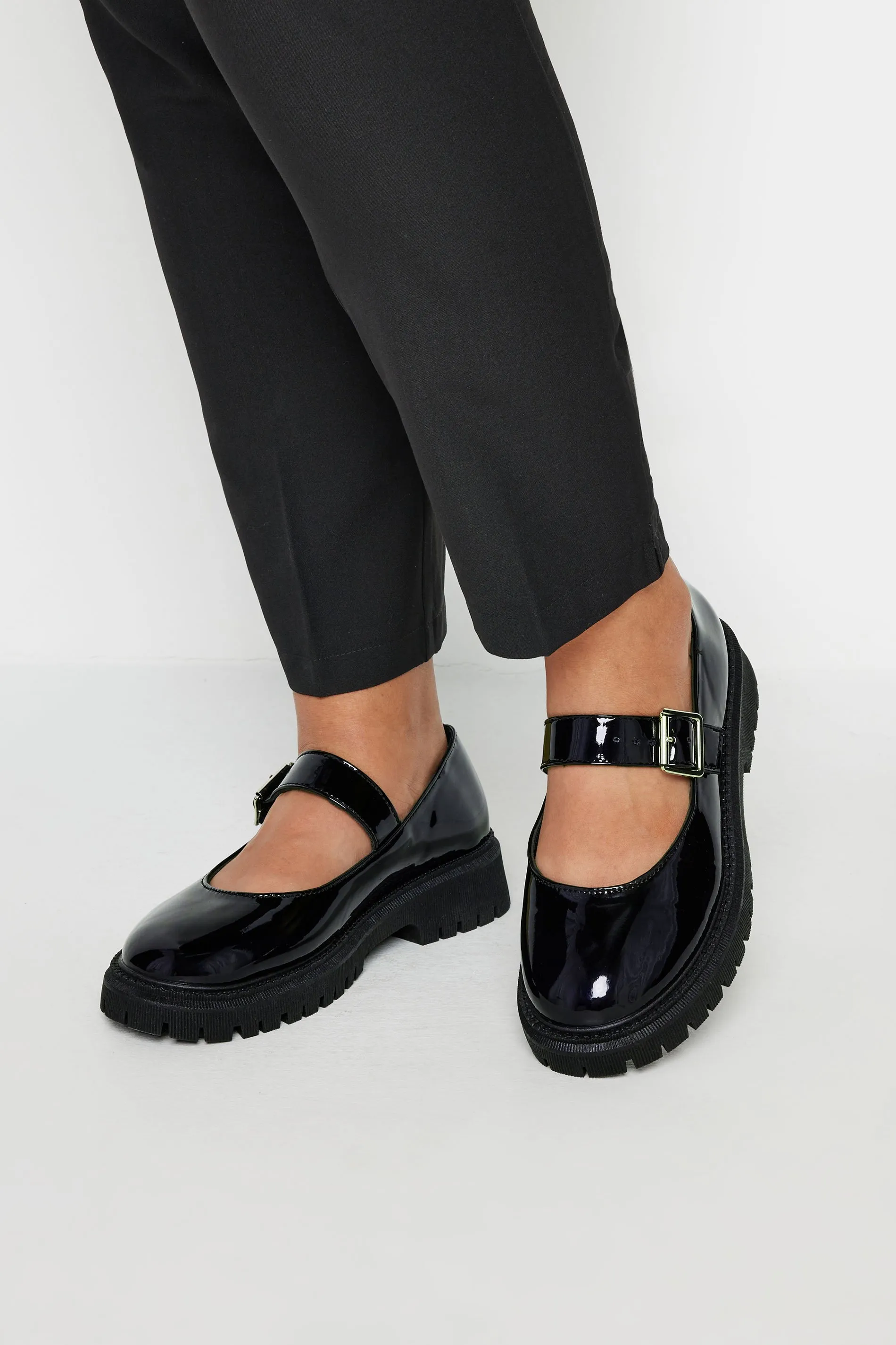 Black Patent Chunky Mary Jane Shoes In An Extra Wide EEE Fit