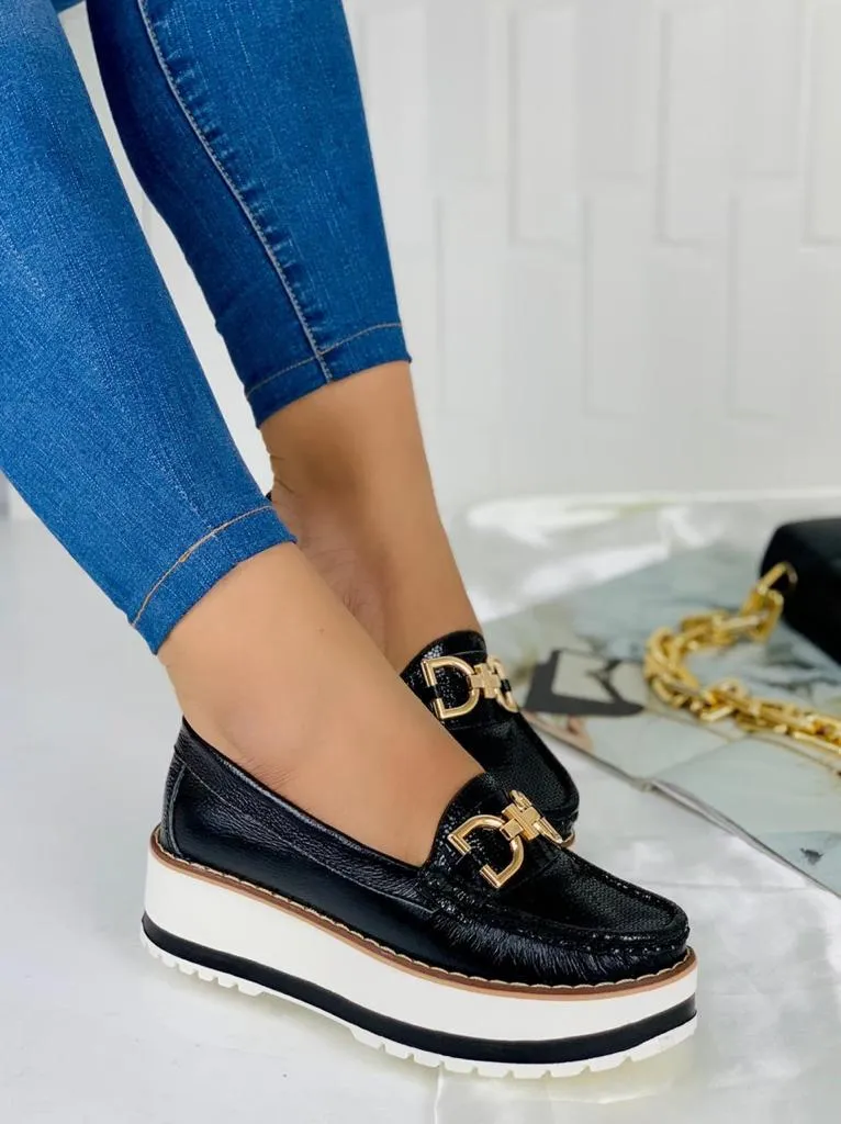 Black Textured Tassel Platform Loafers