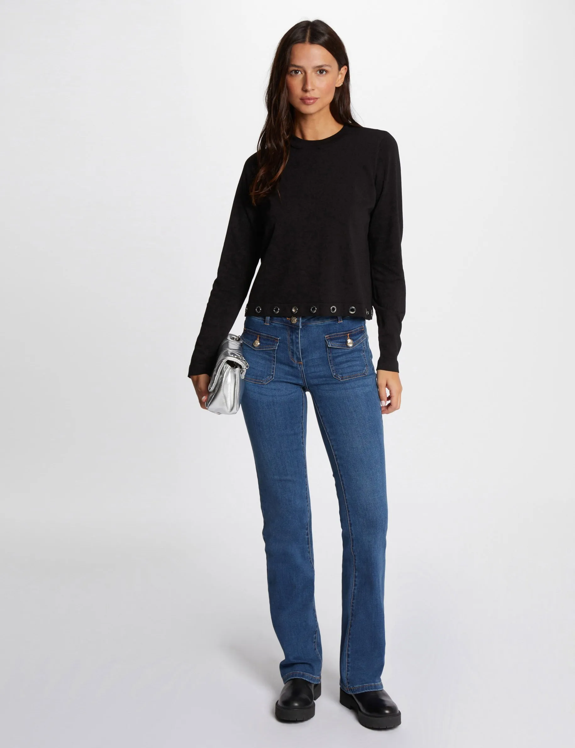 Bootcut jeans pockets buttons stone wash denim women