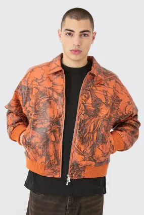 Boxy Printed PU Collared Bomber Jacket