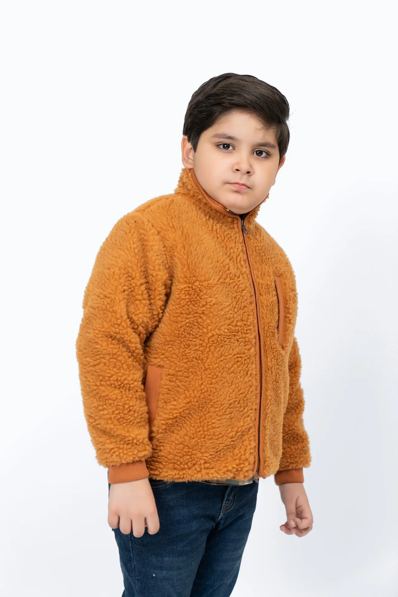 Boys Sherpa Jacket with Contrast Detail - Camel