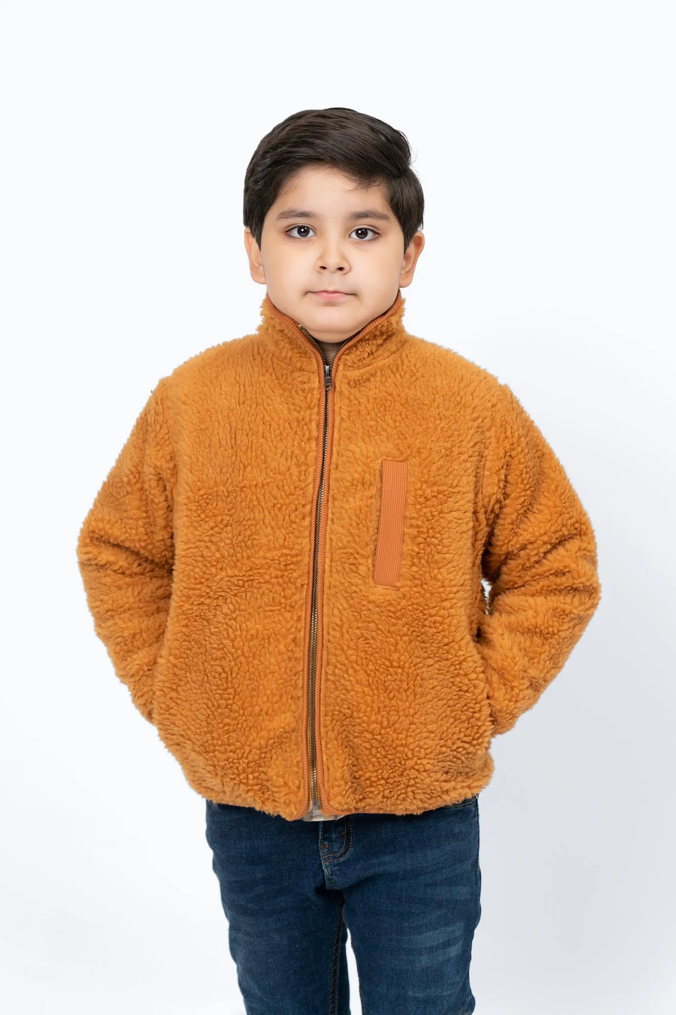 Boys Sherpa Jacket with Contrast Detail - Camel