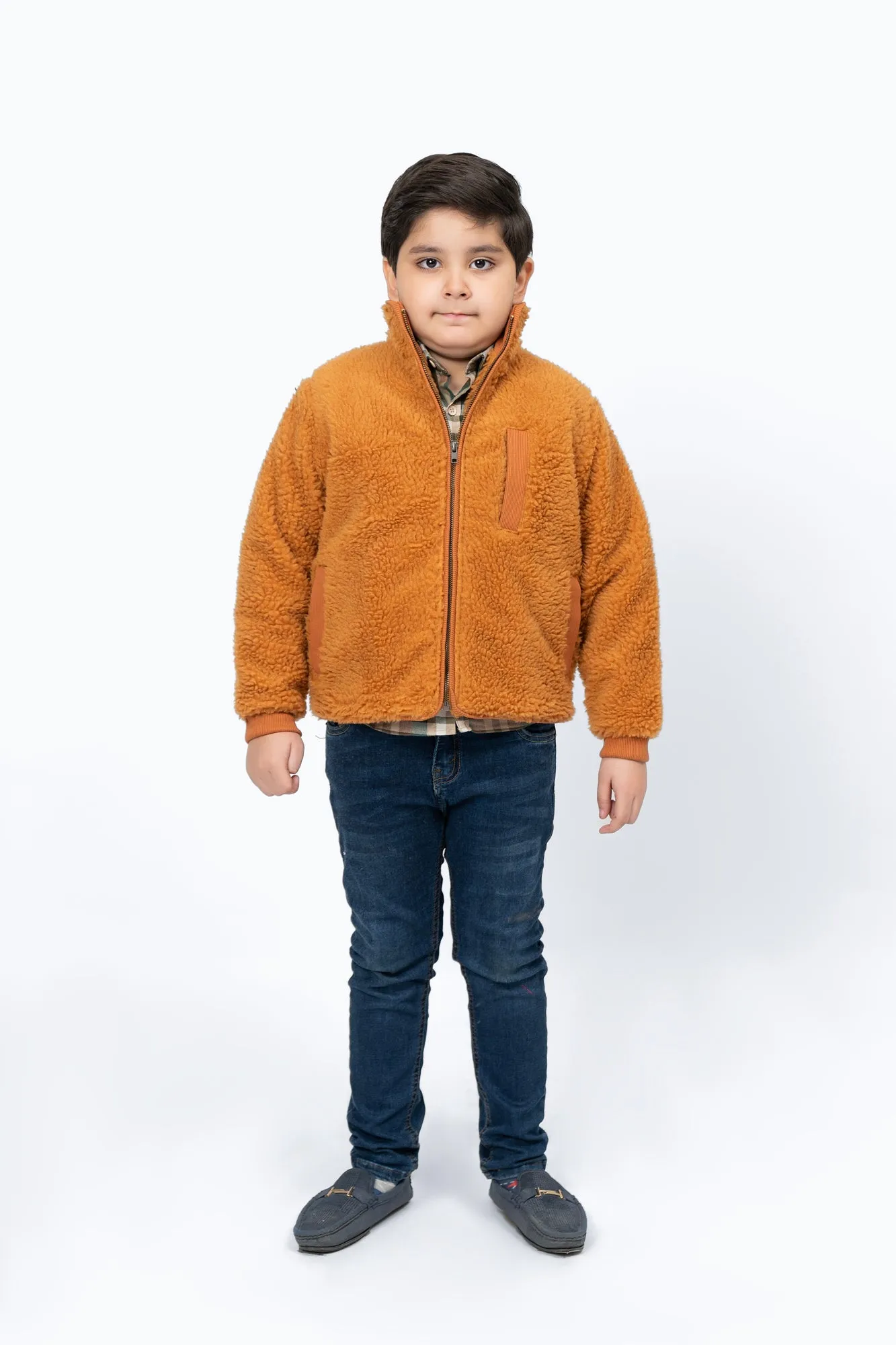 Boys Sherpa Jacket with Contrast Detail - Camel