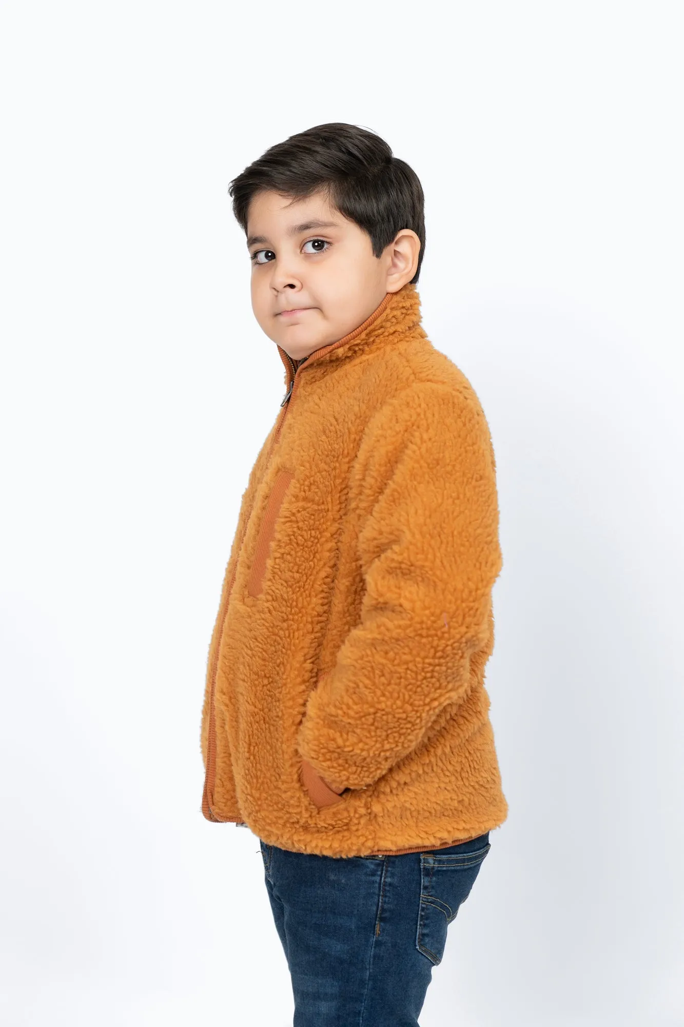 Boys Sherpa Jacket with Contrast Detail - Camel