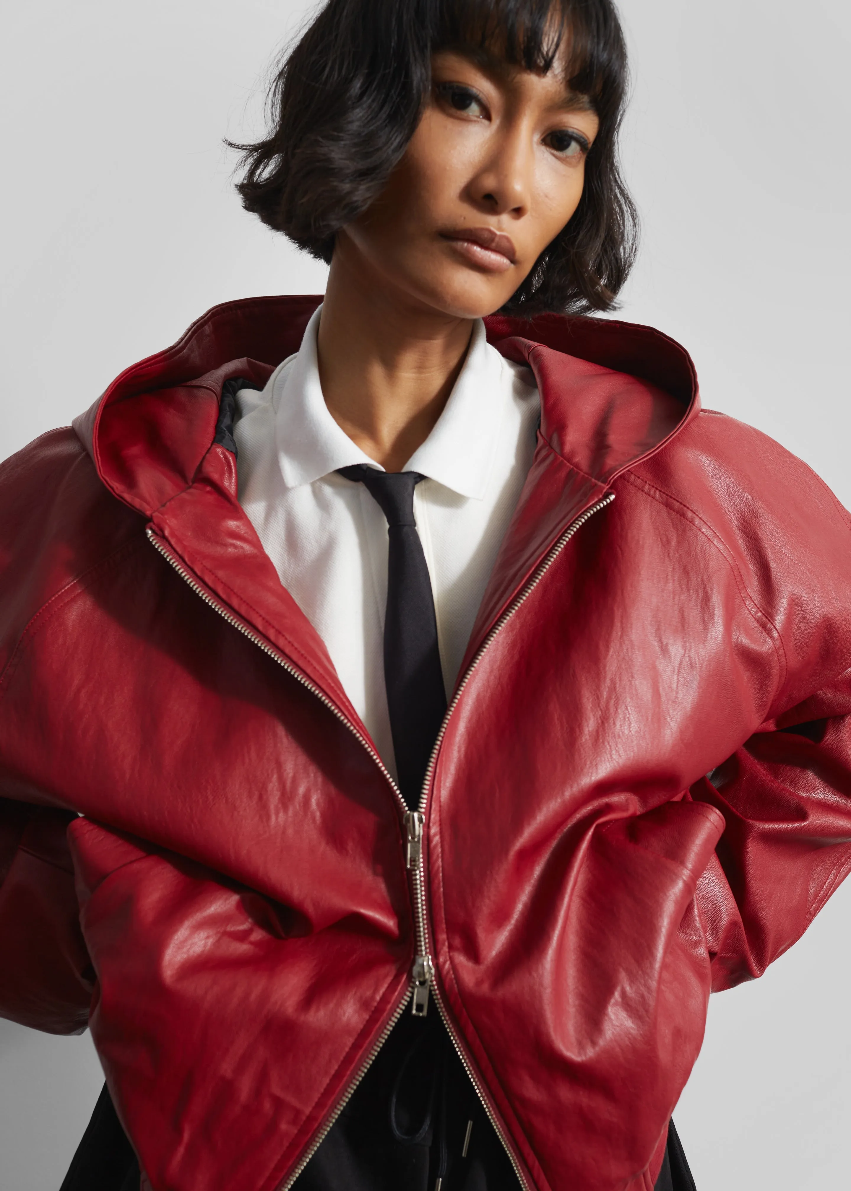 Burnaby Faux Leather Zip-Up Hoodie - Red