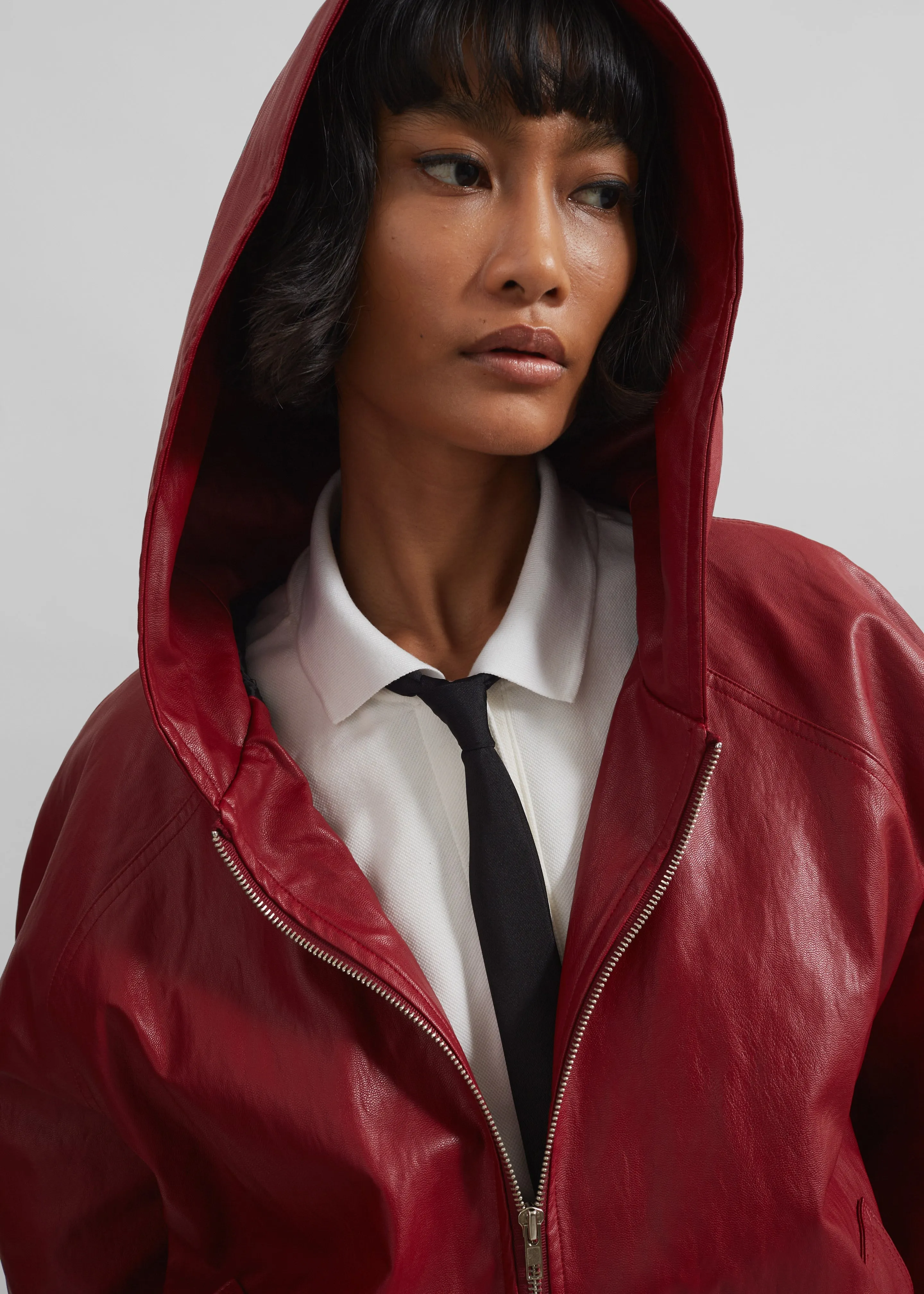 Burnaby Faux Leather Zip-Up Hoodie - Red