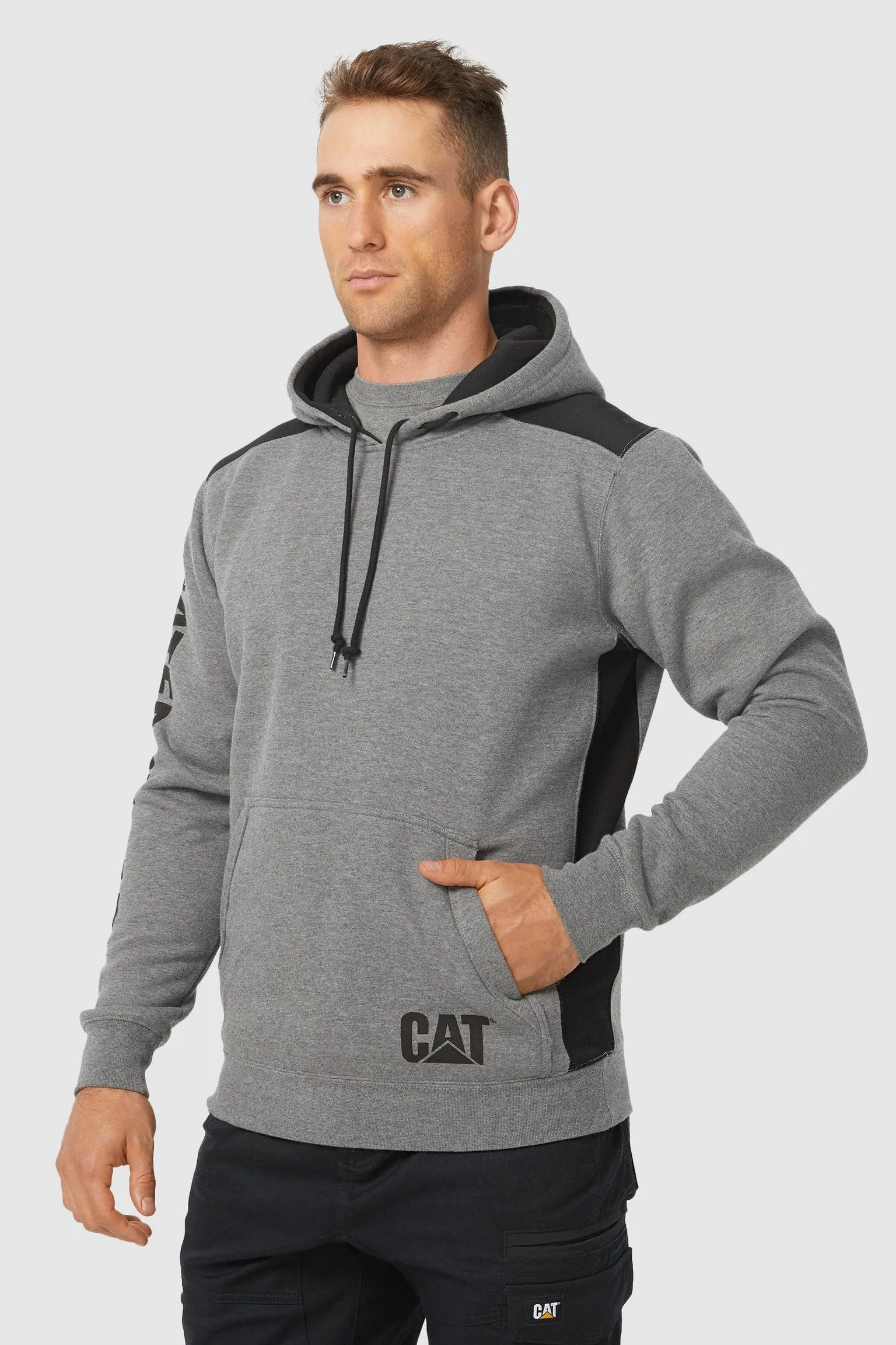 CAT LOGO PANEL HOODIE (Dark Heather Grey)