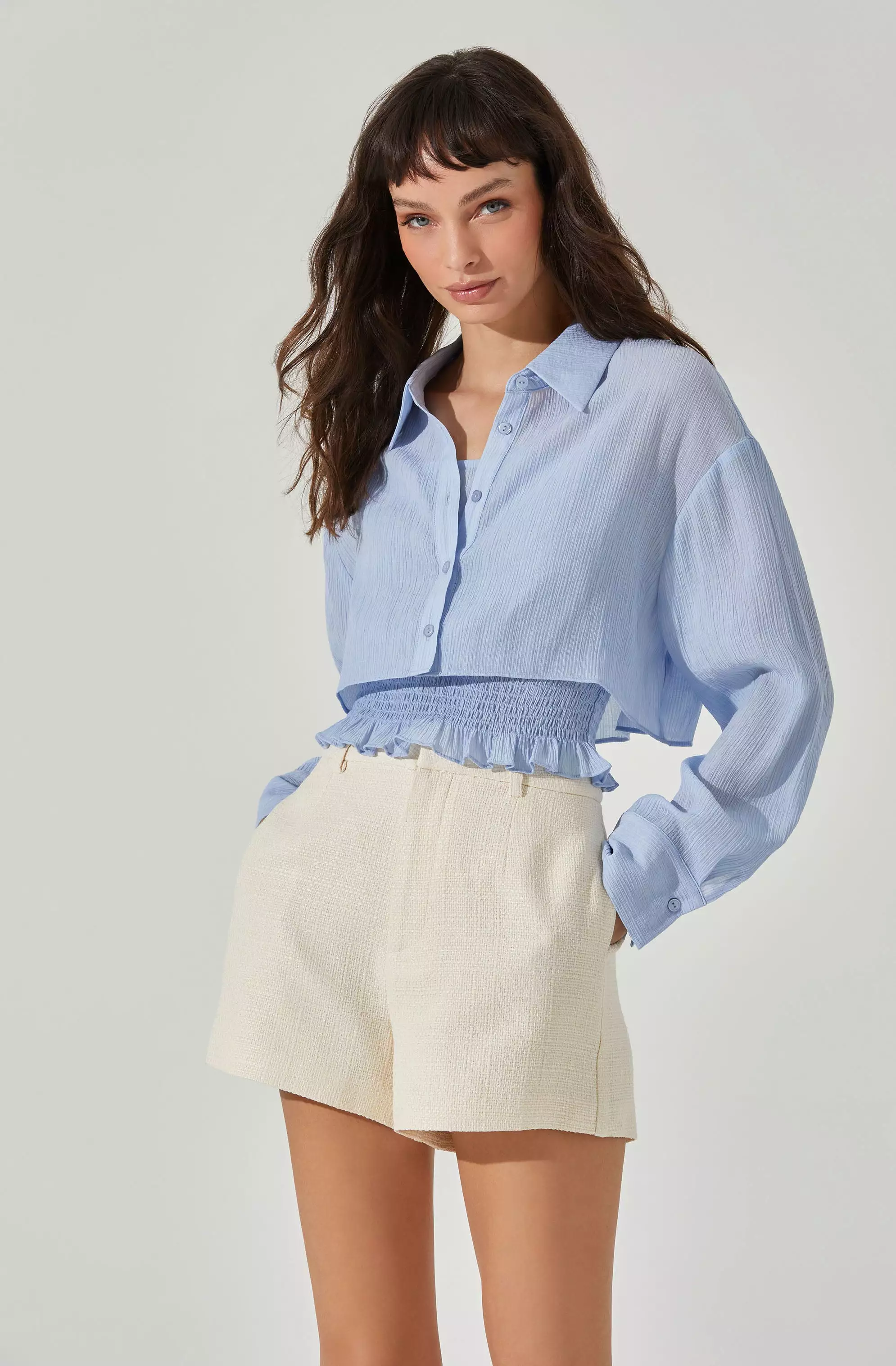 Collared Shirt And Smocked Top Set