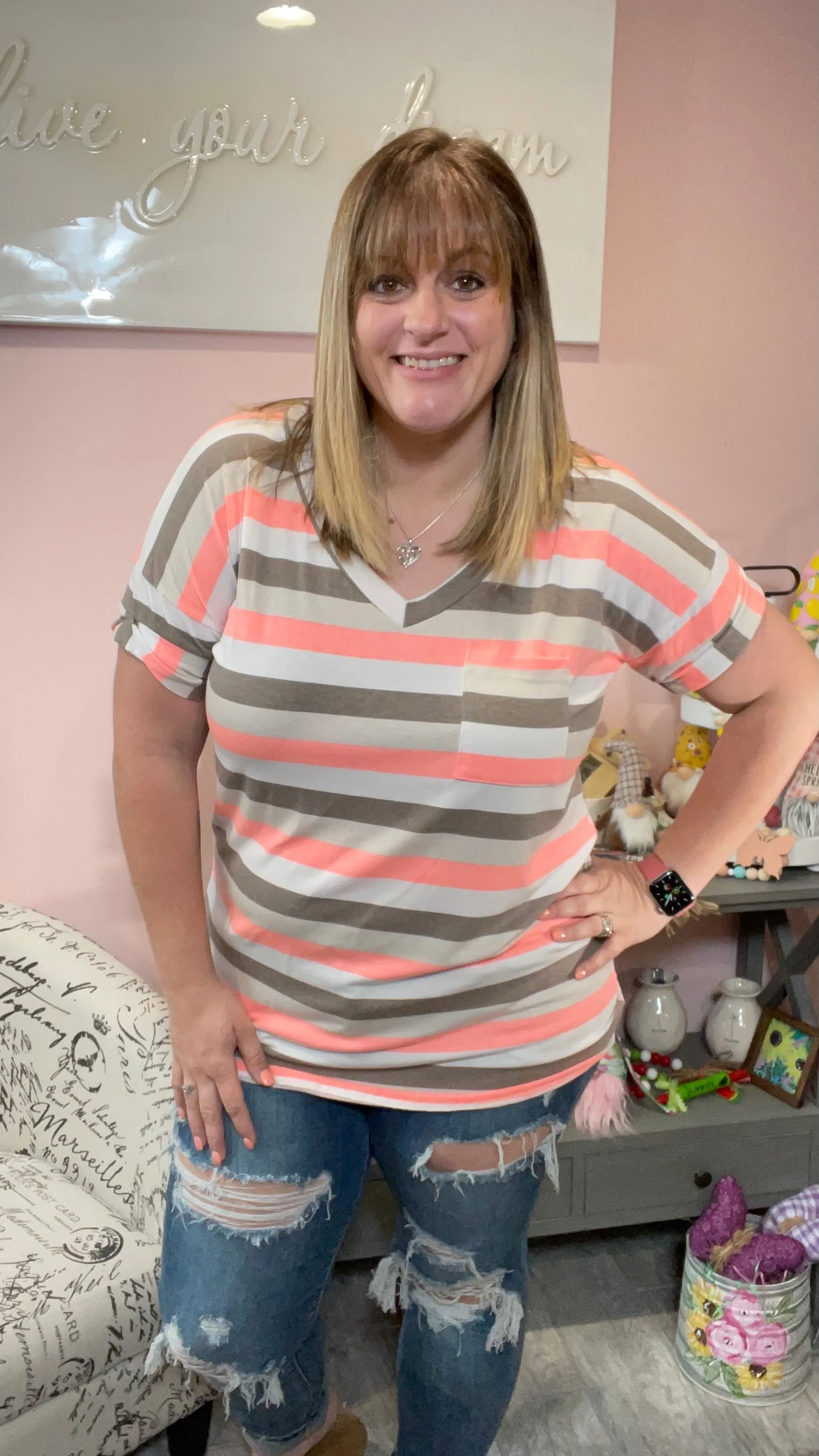 Coral Striped Boyfriend Tee