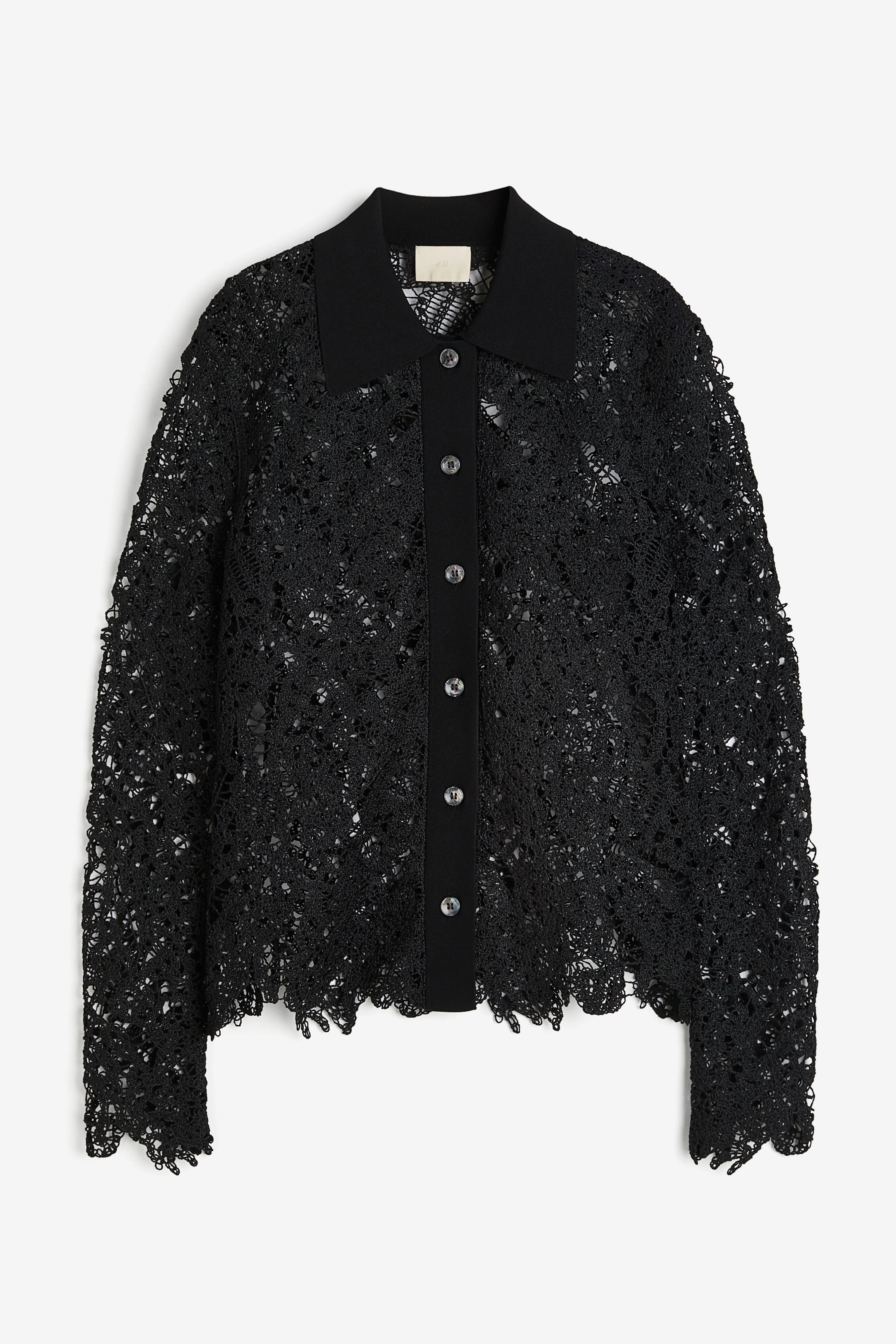 Crochet-look cardigan - Long sleeve - Regular length - Black - Ladies | H&M GB