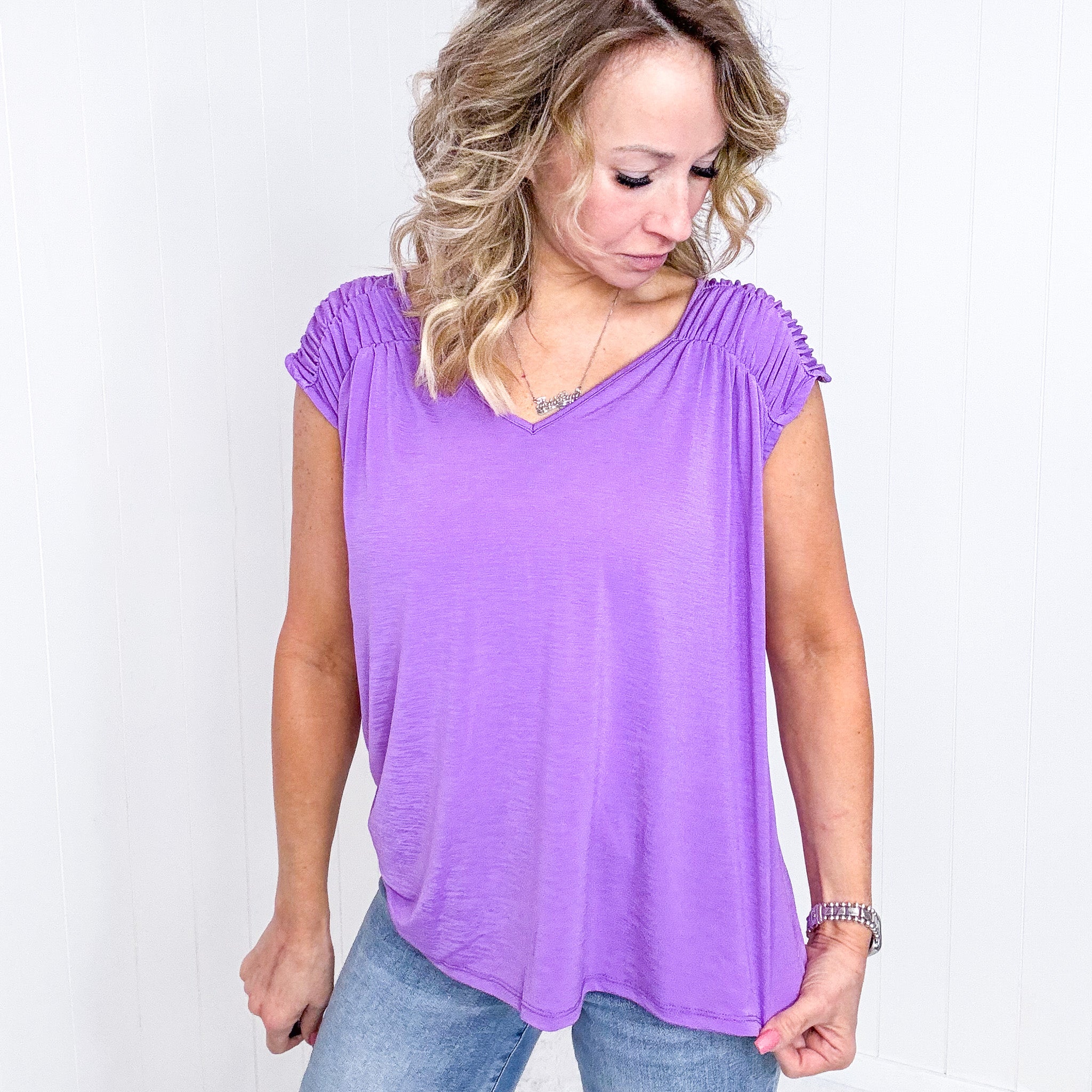 Dear Scarlett Ruched Cap Sleeve Top in Lavender