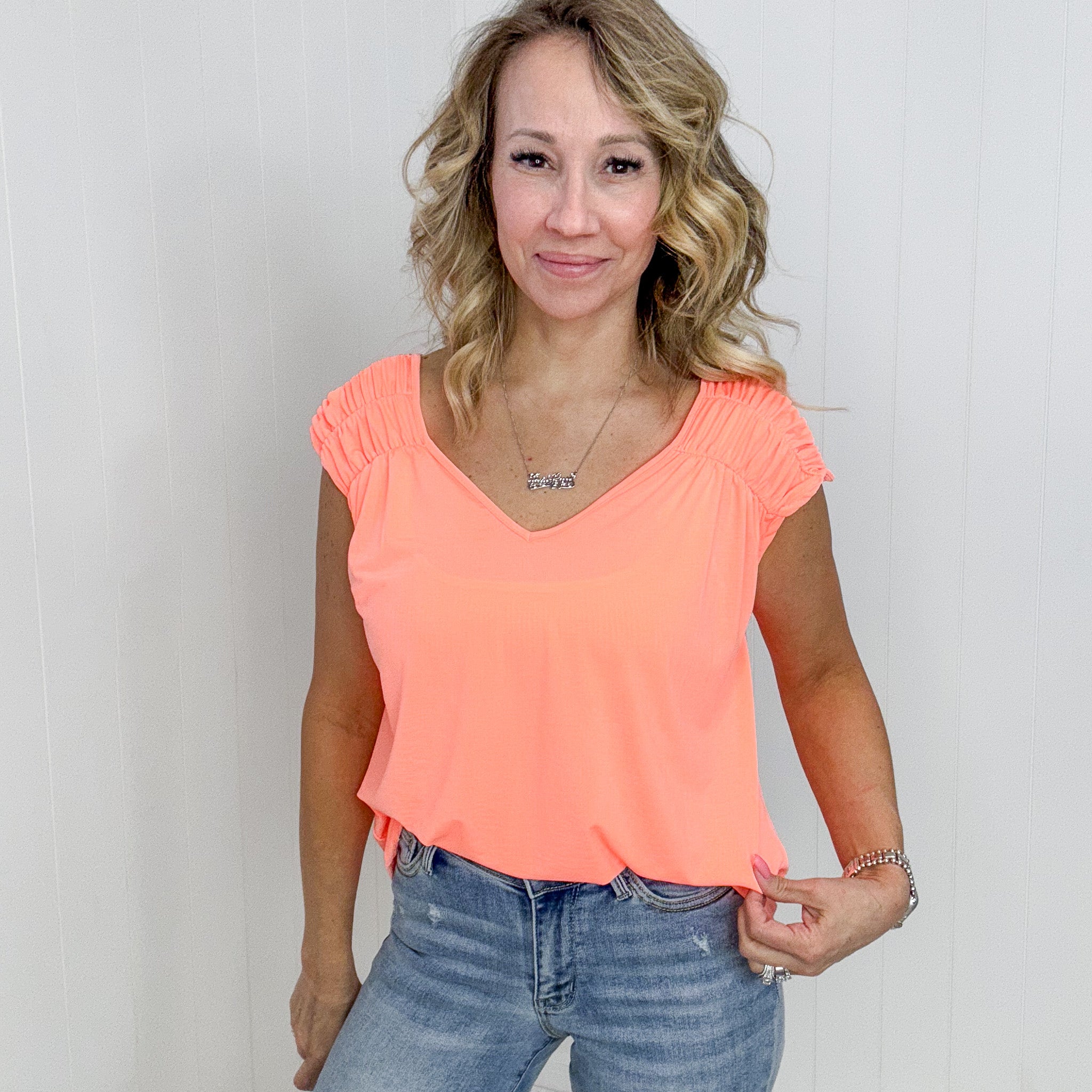 Dear Scarlett Ruched Cap Sleeve Top in Neon Orange