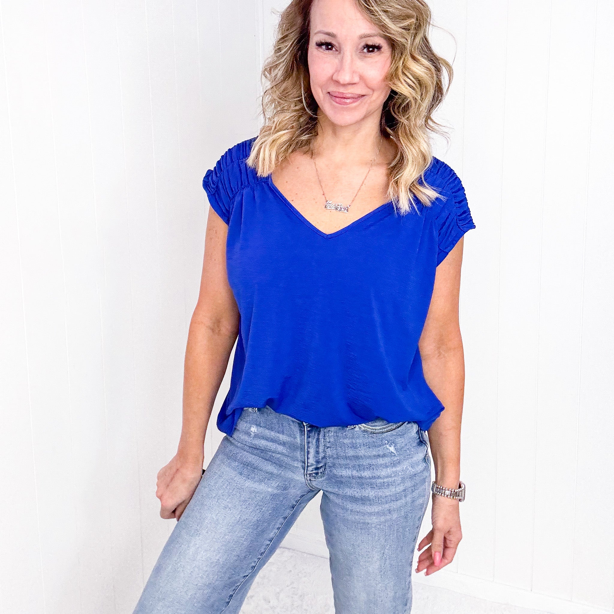 Dear Scarlett Ruched Cap Sleeve Top in Royal Blue