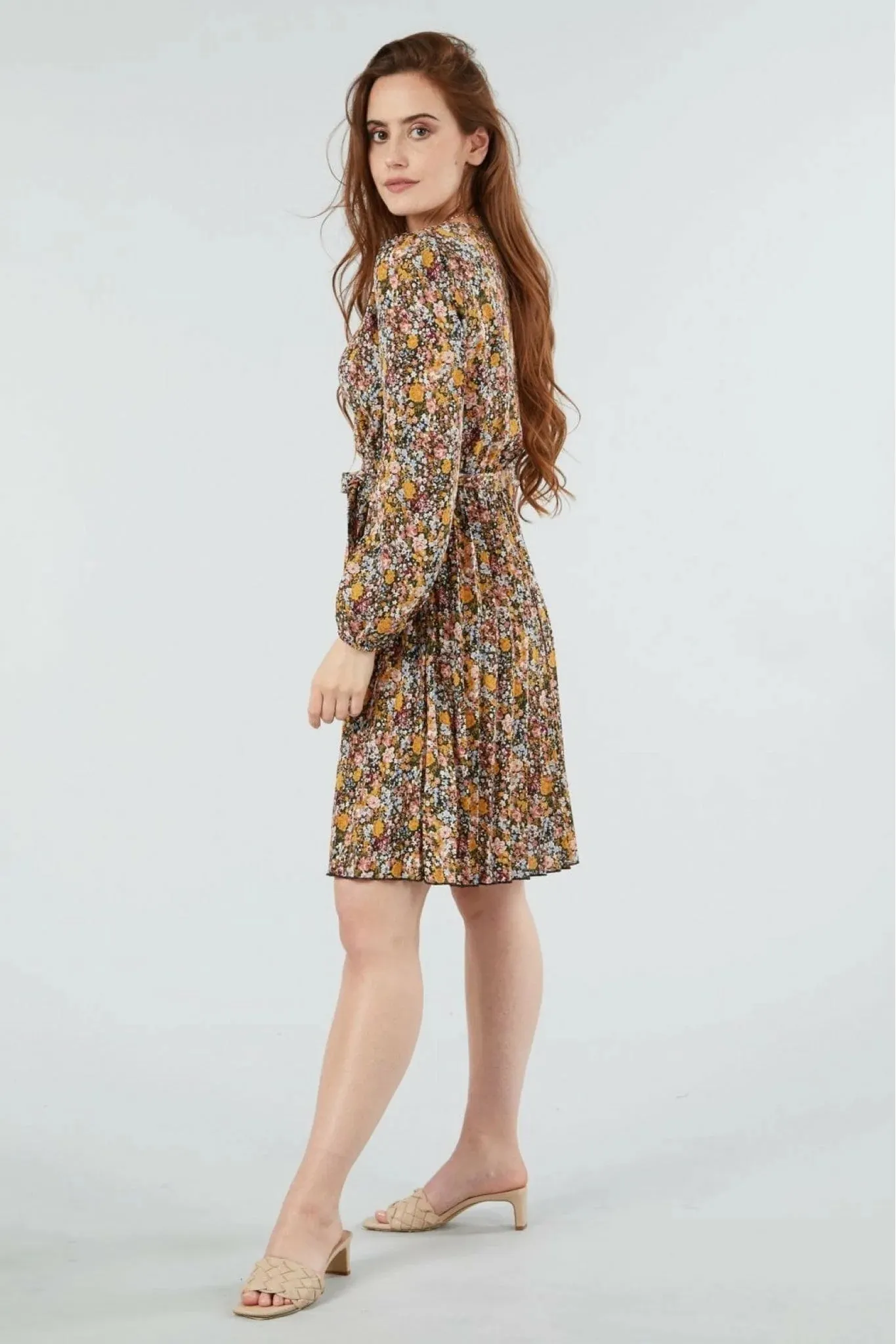 Double Second Mix Col Pleated Wrap Dress