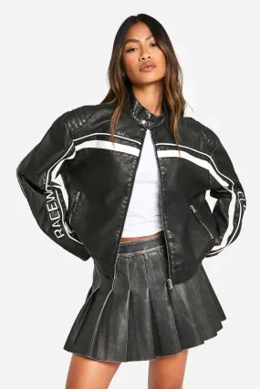 Faux Leather Embroidered Moto Jacket