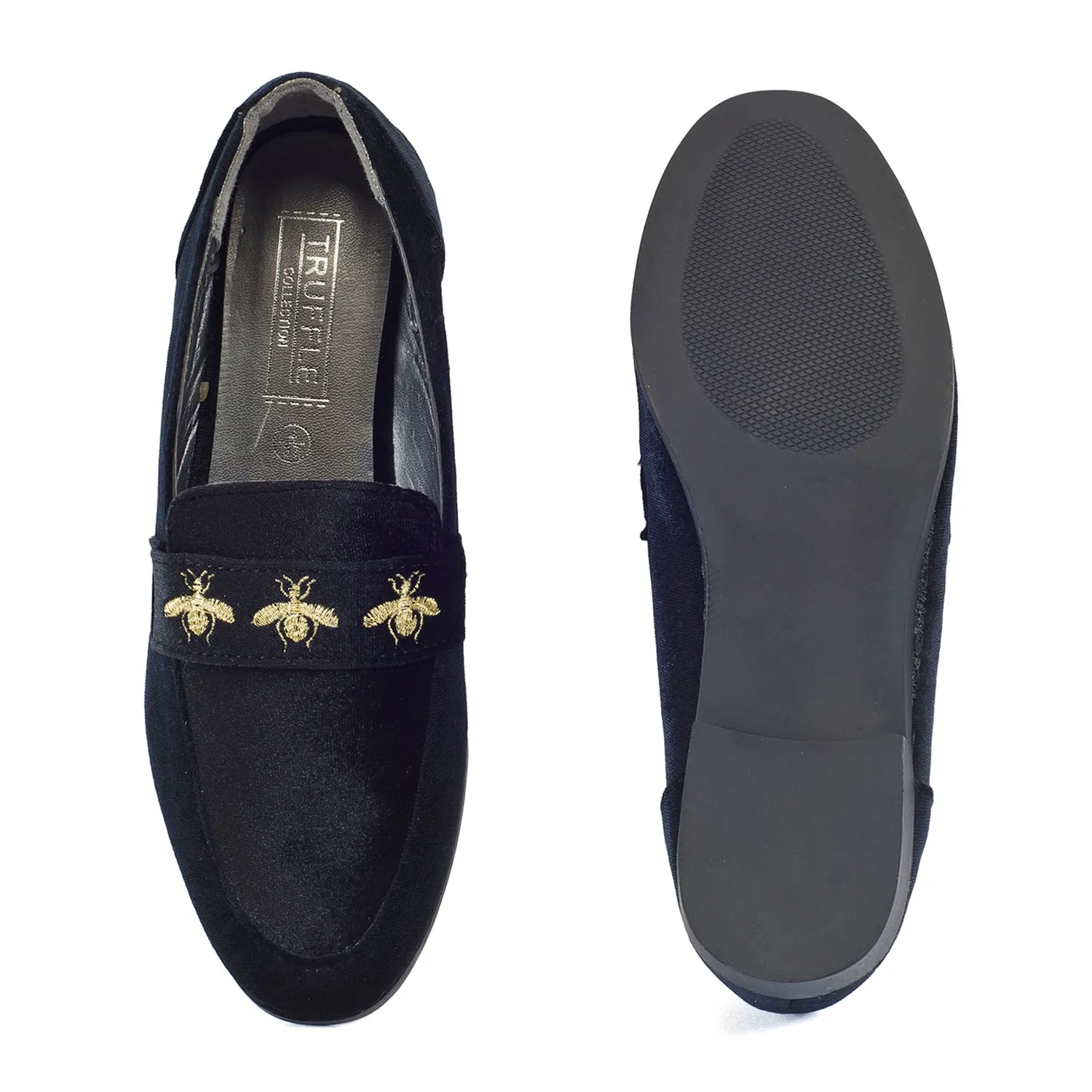 Faux Suede Bee Detail Flat Slip On Loafers