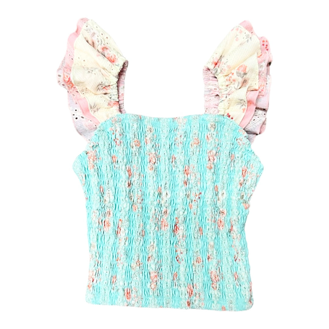 FBZ Aqua Floral Eyelet Smocked Top