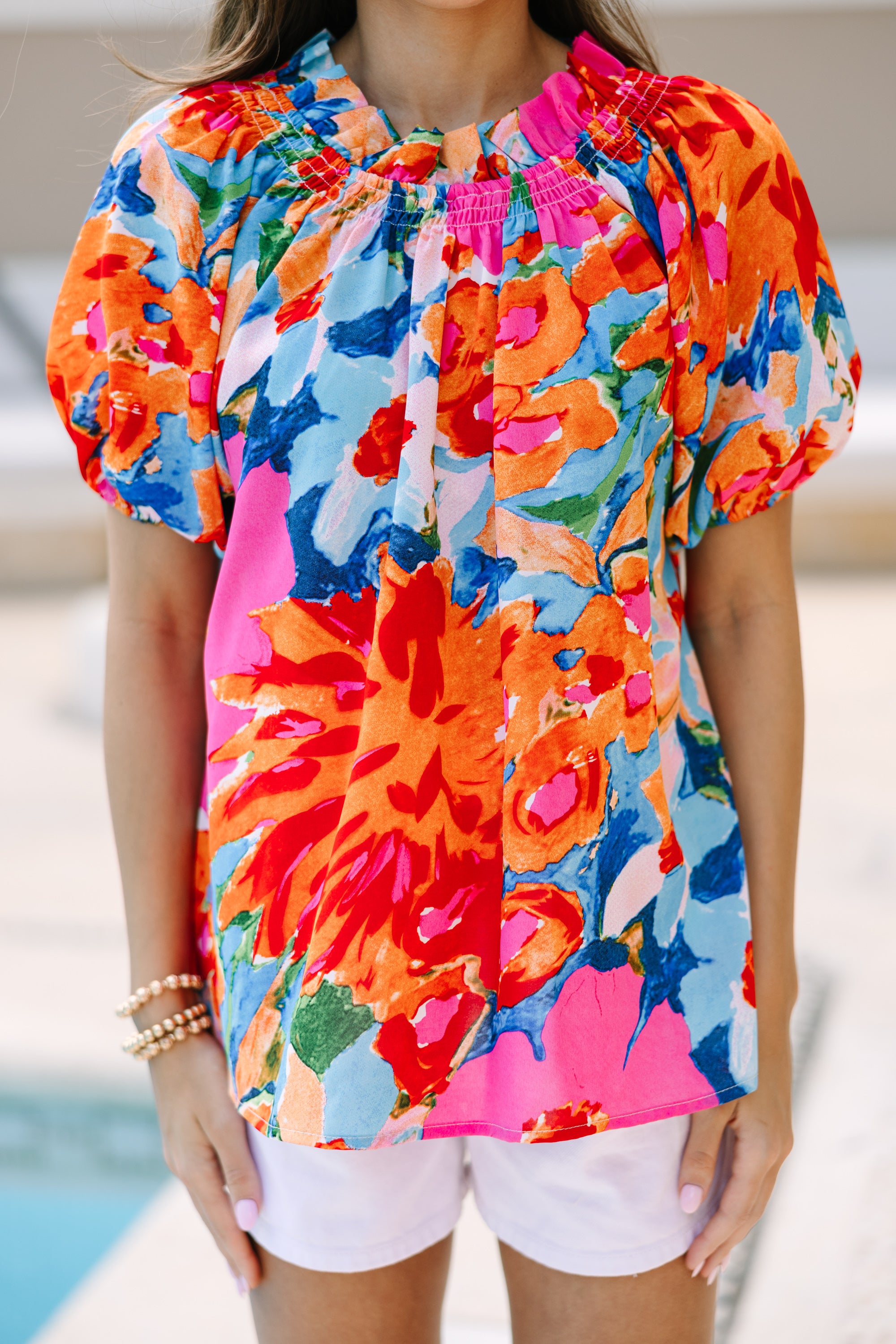 Feeling Fun Coral Floral Bubble Sleeve Blouse