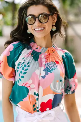 Feeling Fun Jade Green Floral Bubble Sleeve Blouse