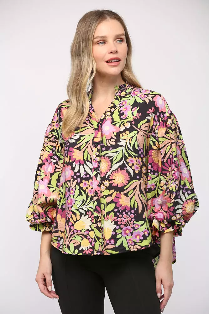 Floral Print Bubble Sleeve Blouse