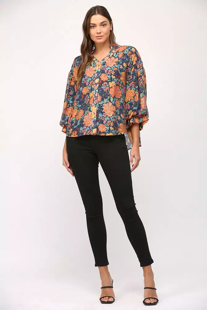 Floral Print Split Neck Bubble Sleeve Blouse