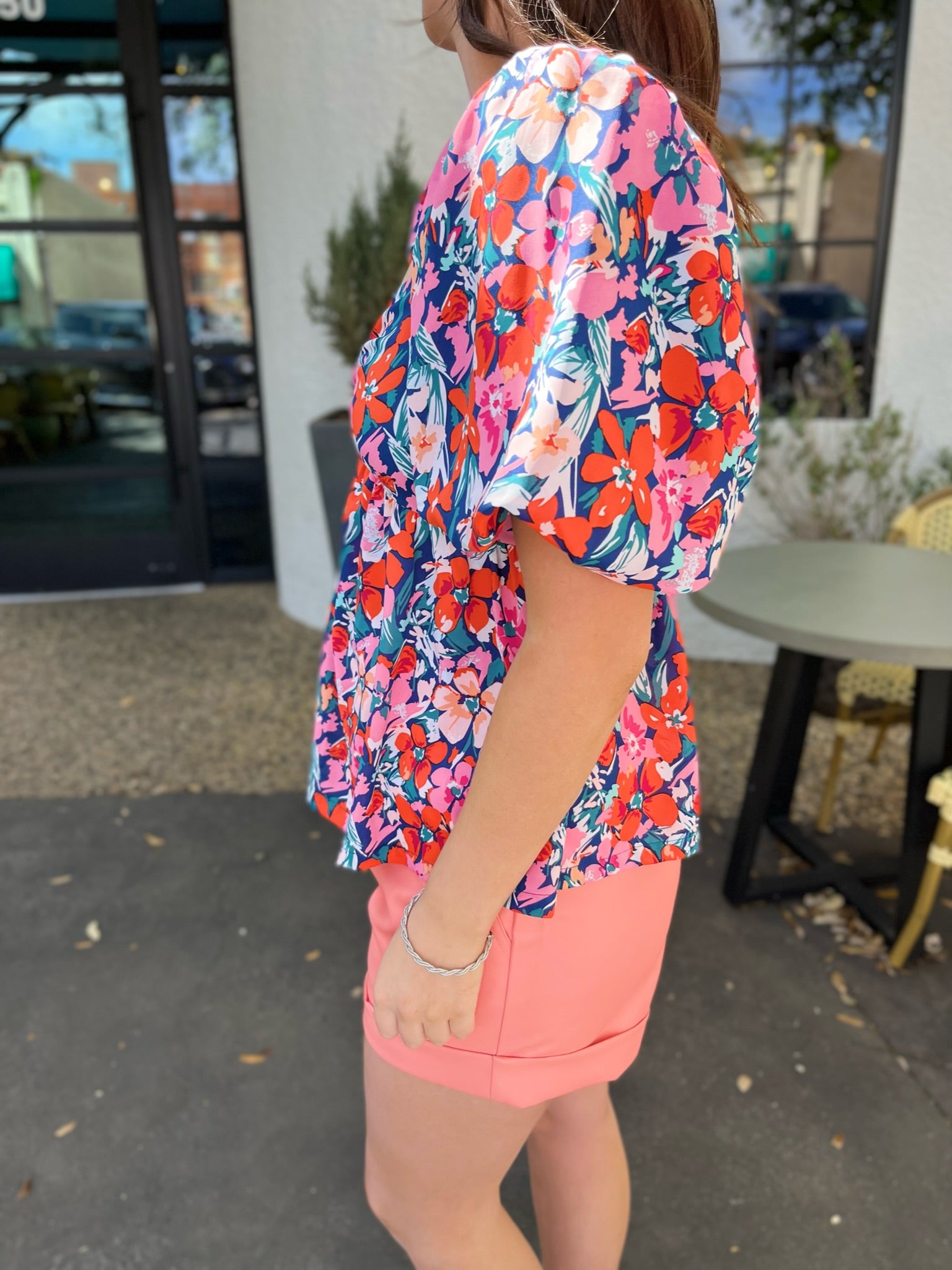 Floral Sweetheart Bubble Sleeve Top - Red