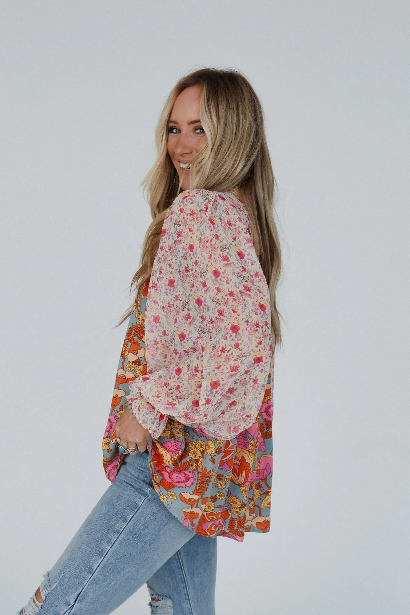 Flower Frenzy Bubble Sleeve Top - Sage Multi