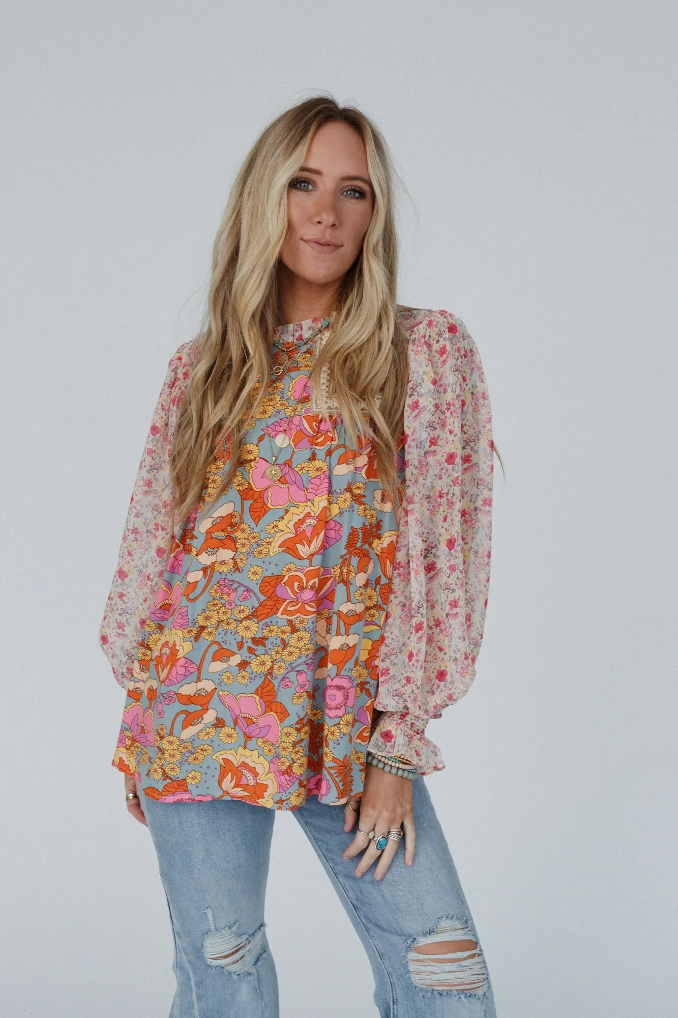 Flower Frenzy Bubble Sleeve Top - Sage Multi