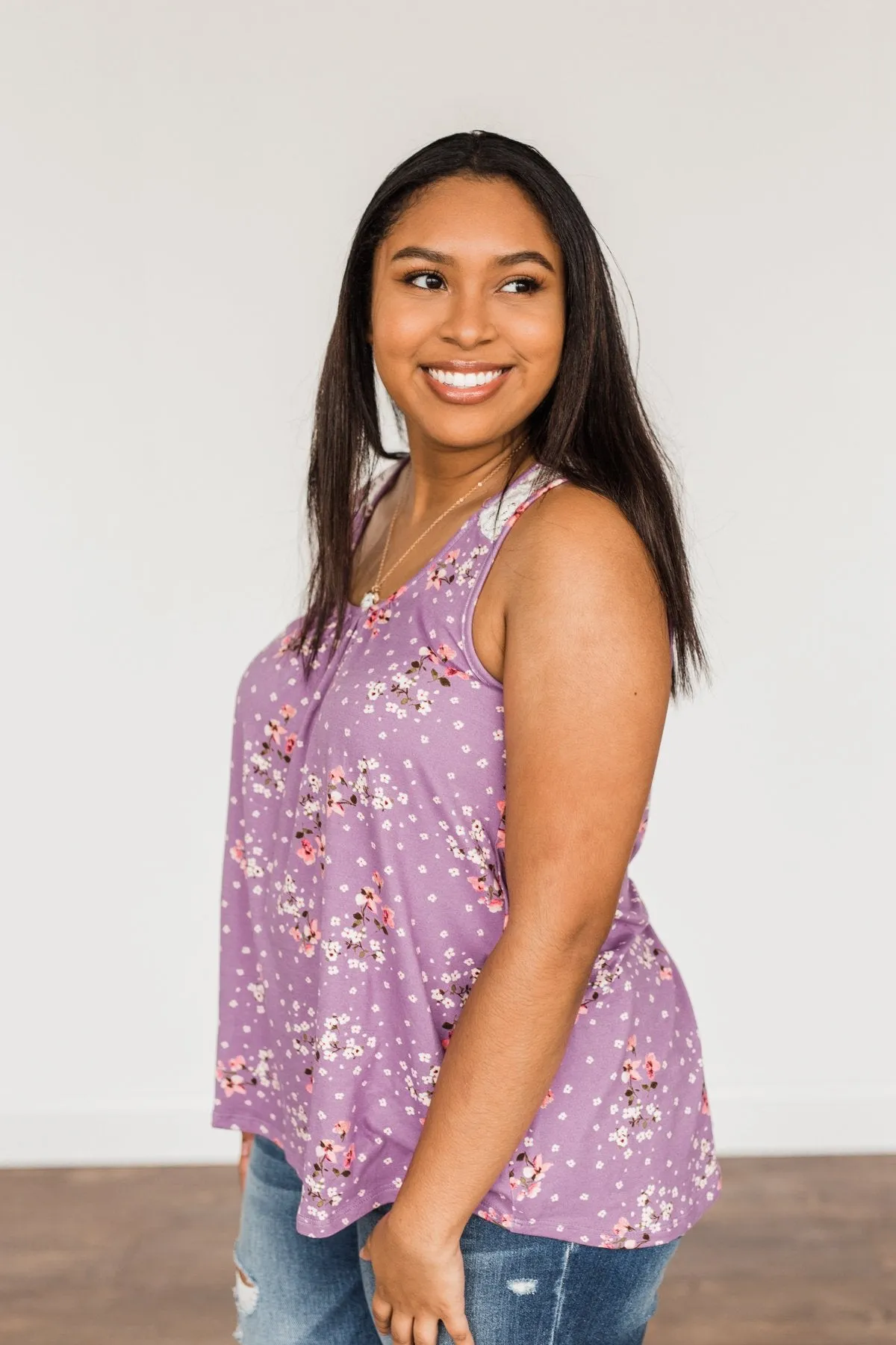 Flowering Fields Floral Lace Tank Top- Lavender