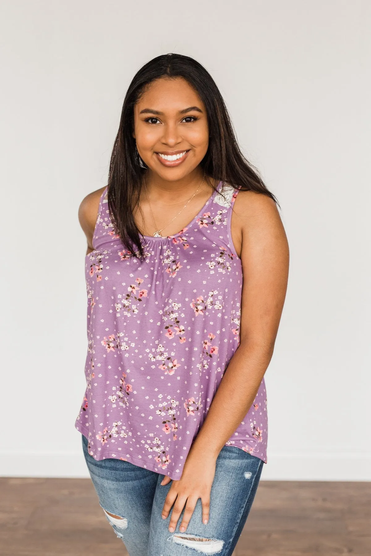 Flowering Fields Floral Lace Tank Top- Lavender