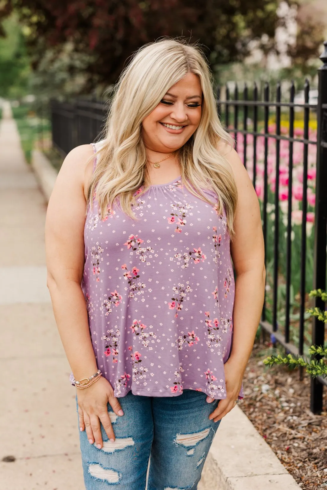 Flowering Fields Floral Lace Tank Top- Lavender