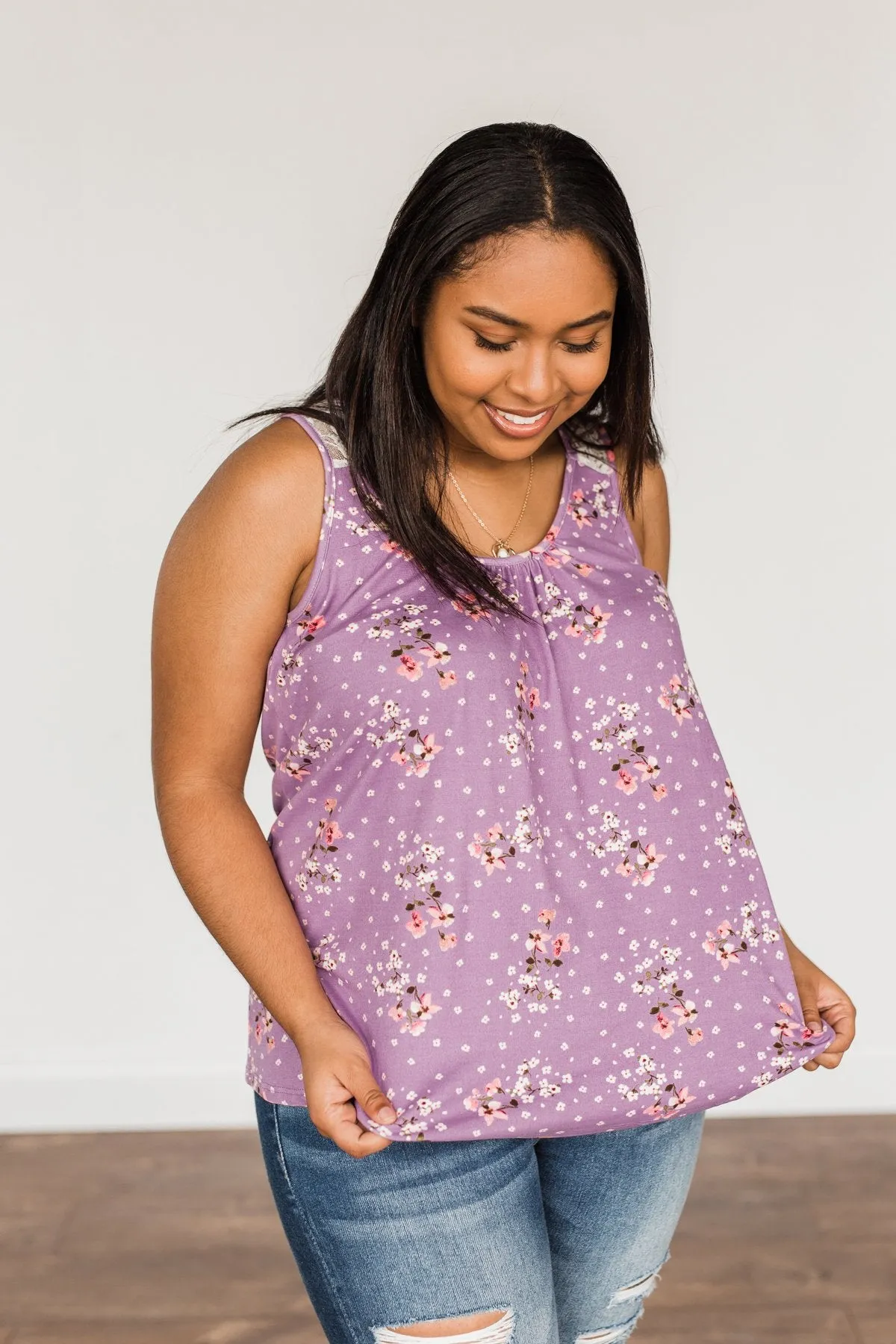 Flowering Fields Floral Lace Tank Top- Lavender