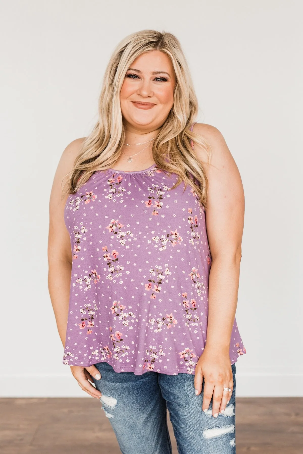 Flowering Fields Floral Lace Tank Top- Lavender