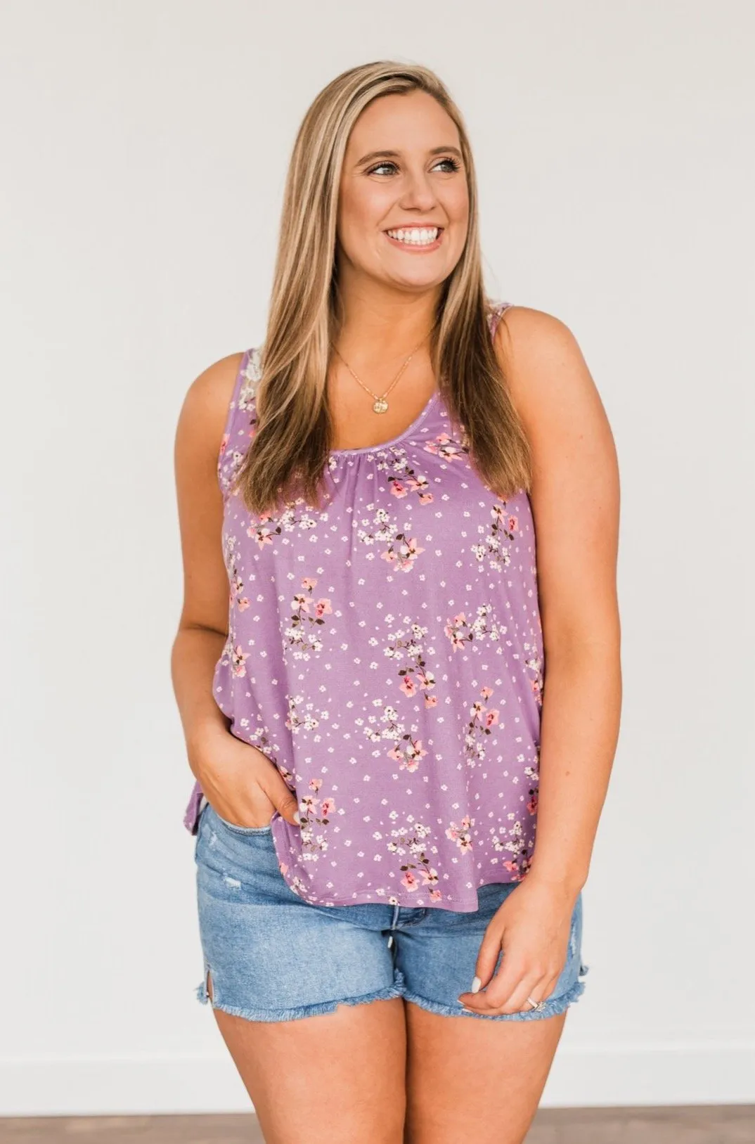 Flowering Fields Floral Lace Tank Top- Lavender