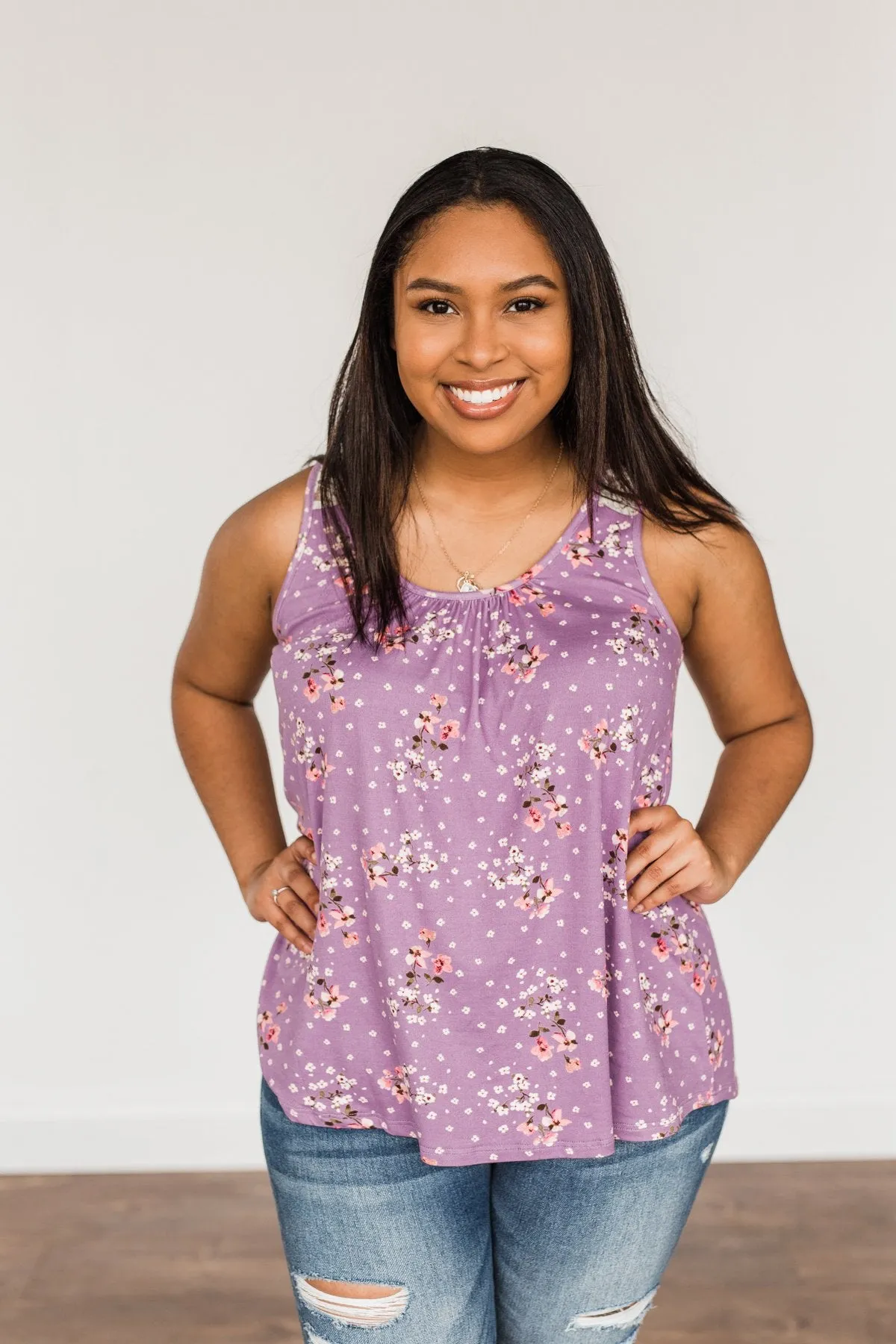 Flowering Fields Floral Lace Tank Top- Lavender